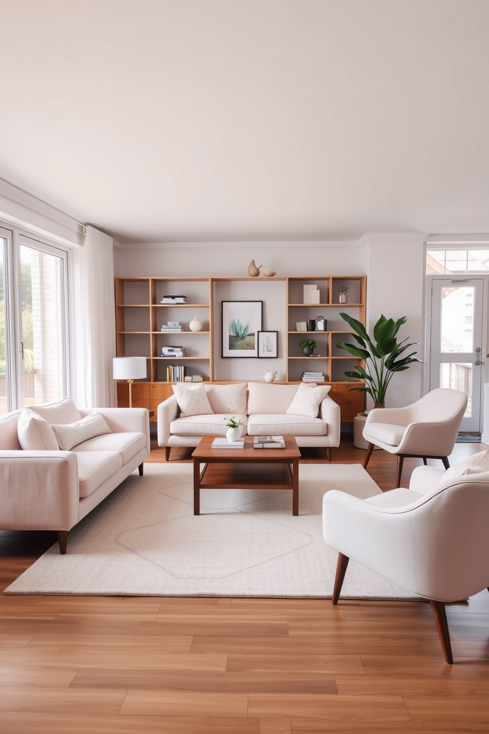 A Mid Century Modern living room featuring soft pastel colors that create a calming atmosphere. The space includes a low-profile sofa upholstered in light pink fabric paired with a geometric area rug in muted tones. Large windows allow natural light to flood the room, highlighting the sleek lines of a wooden coffee table and the elegant curves of accent chairs. A minimalist bookshelf displays curated decor items, while potted plants add a touch of greenery to enhance the serene environment.