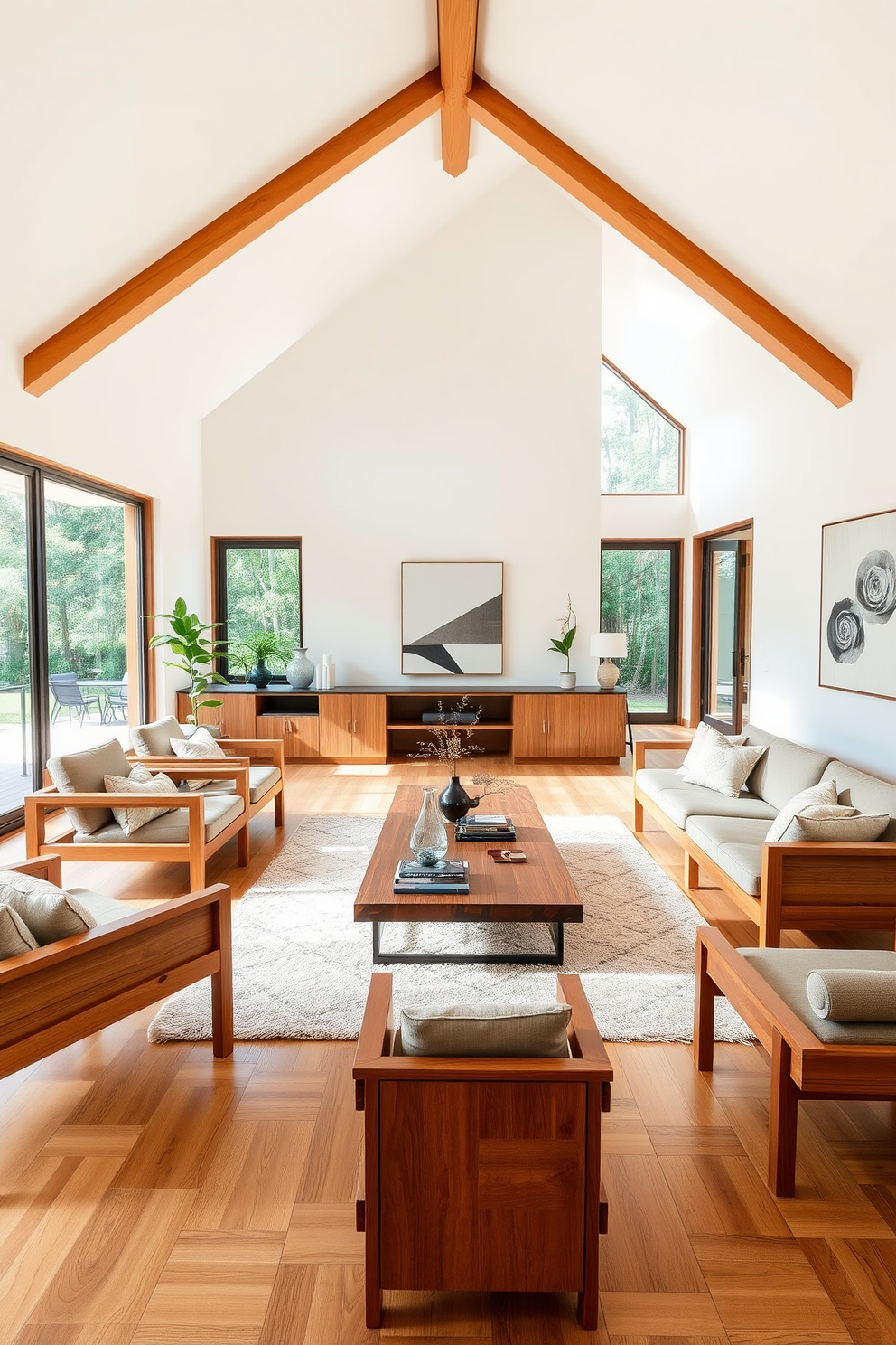 A spacious living room featuring teak wood furniture with minimalist lines. The room is adorned with a soft color palette, highlighting the natural grain of the wood and creating a warm, inviting atmosphere. Large windows allow ample natural light to flood the space, accentuating the clean lines and open layout. A statement rug anchors the seating area, complemented by sleek accent tables and contemporary art on the walls.