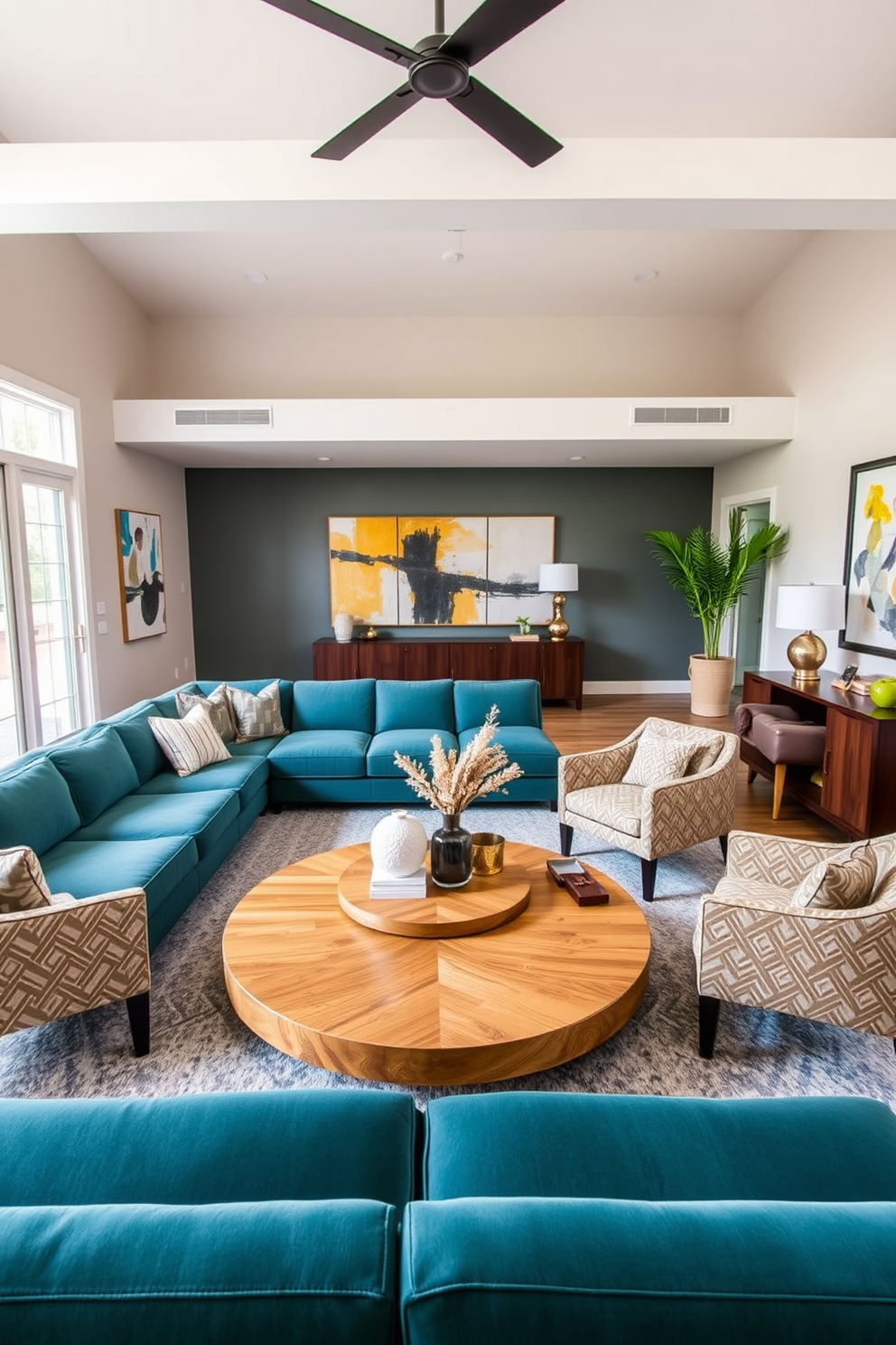 A spacious living room designed for social gatherings features a large sectional sofa in a rich teal fabric. A round coffee table made of natural wood sits at the center, surrounded by a pair of stylish accent chairs with geometric patterns. The walls are adorned with abstract art that complements the color scheme, while a sleek sideboard holds decorative items and serves as additional storage. Large windows allow ample natural light to flood the space, enhancing the warm and inviting atmosphere.