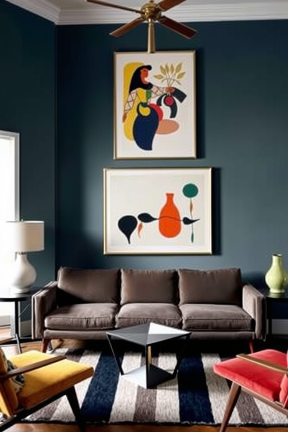 A stylish mid century modern living room features vintage art pieces as focal points. The space includes a sleek sofa in muted tones, complemented by a geometric coffee table and vibrant accent chairs.