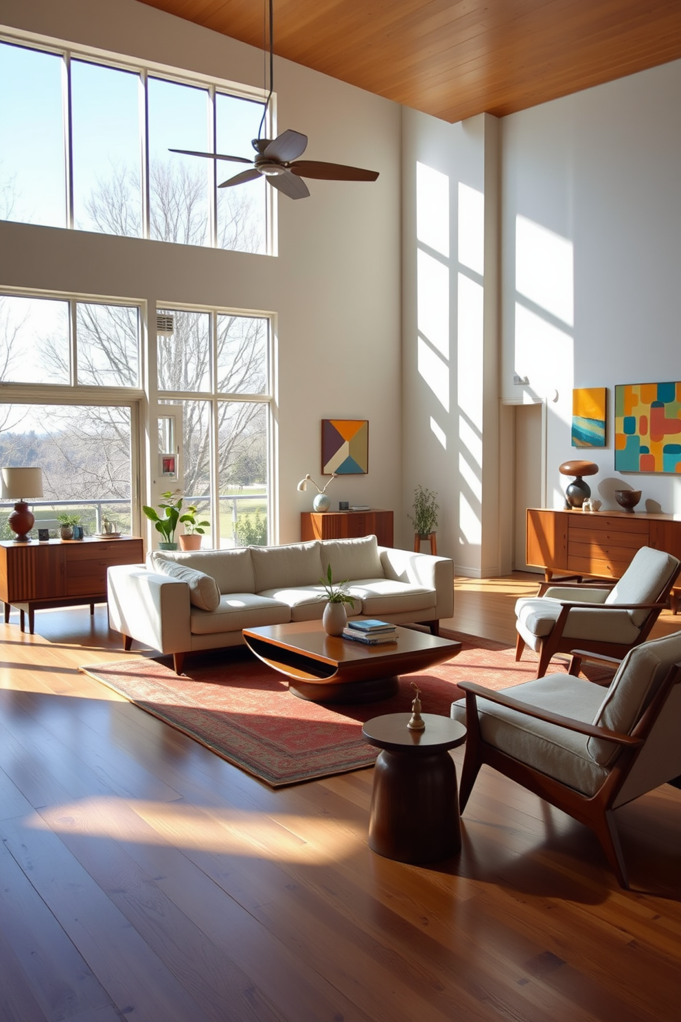 A spacious living room bathed in natural light from large floor-to-ceiling windows. The furniture features clean lines and organic shapes typical of Mid Century Modern design, with a plush sofa and a stylish coffee table at the center. Warm wooden accents complement the room, including a sleek sideboard and a vintage armchair. Colorful artwork adorns the walls, enhancing the inviting atmosphere of the space.