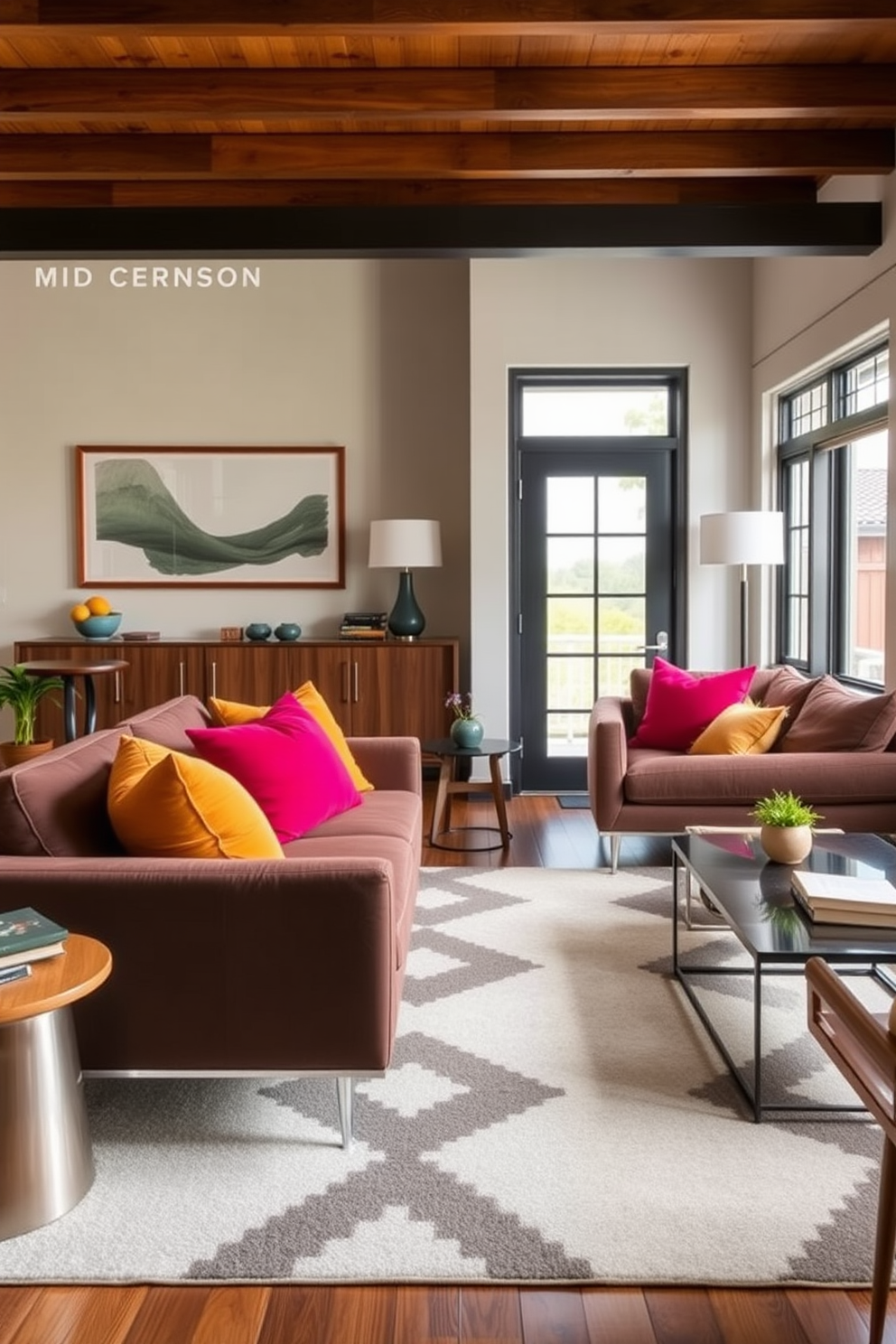 A stylish Mid Century Modern living room features sleek sofas adorned with bold throw pillows in vibrant colors. The space is accented with a geometric rug and a mix of wooden and metal furniture that embodies a clean and sophisticated aesthetic.