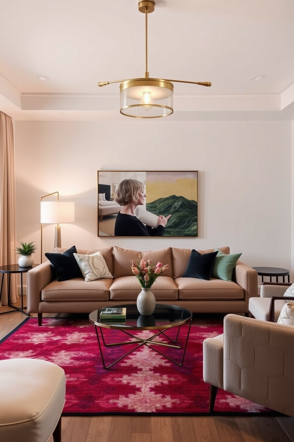 A stylish Mid Century Modern living room featuring brass lighting fixtures that enhance the elegance of the space. The room includes a plush sofa with clean lines, complemented by a geometric coffee table and a vibrant area rug.