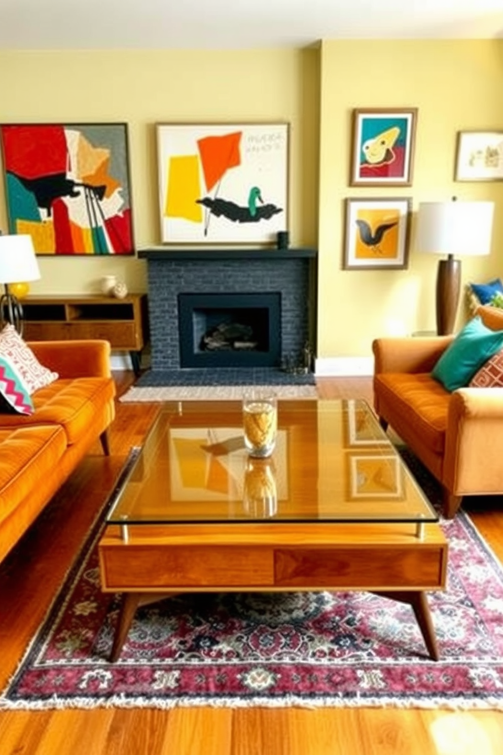 A stylish mid-century coffee table with a sleek glass top sits at the center of a vibrant living room. Surrounding the table are plush, retro-inspired sofas in warm earth tones, complemented by colorful accent pillows. The walls are adorned with abstract art pieces that reflect the mid-century aesthetic. A vintage rug with geometric patterns anchors the space, adding warmth and texture to the polished wooden floor.