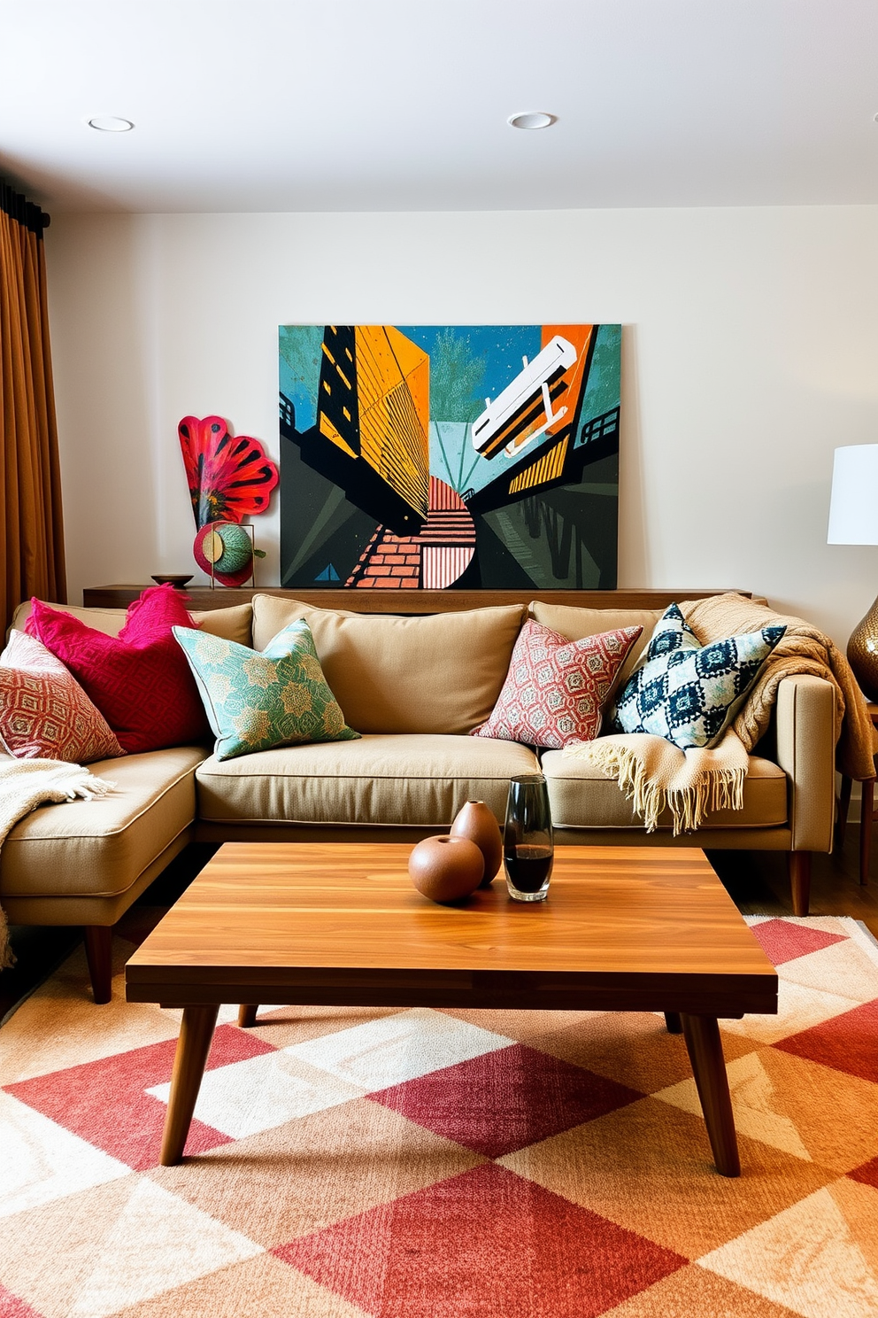 A Mid Century Modern living room features a blend of rich textures and vibrant colors. Plush cushions in various patterns are layered on a sleek, low-profile sofa, complemented by cozy throws draped over the armrest. The room is anchored by a geometric area rug that adds warmth and character. A wooden coffee table with tapered legs sits at the center, adorned with a few carefully selected decorative objects.