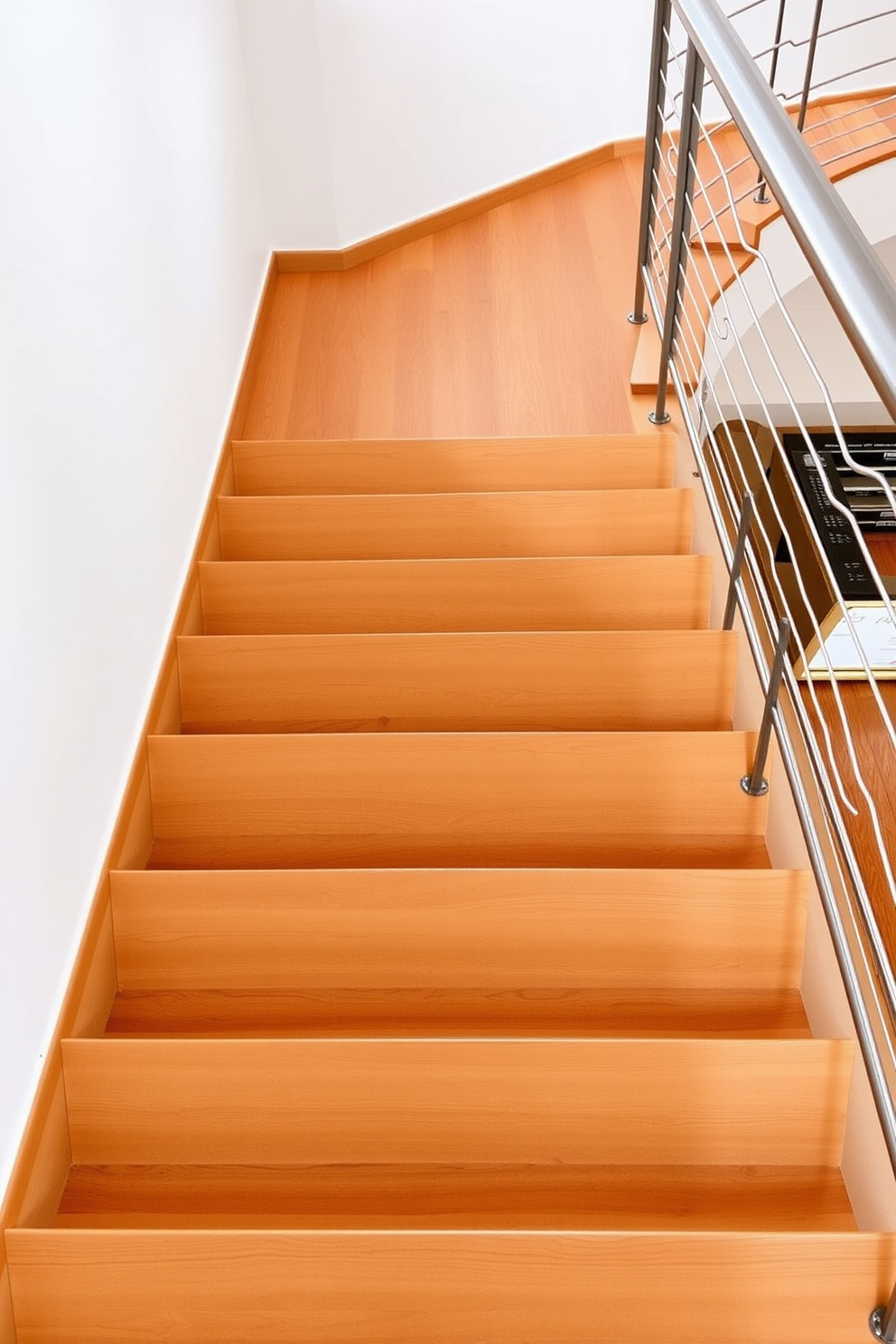 Sleek wooden treads lead gracefully up a Mid-Century Modern staircase, showcasing a seamless blend of natural materials and contemporary design. The metal railings feature clean lines and a minimalist aesthetic, enhancing the overall elegance of the space.