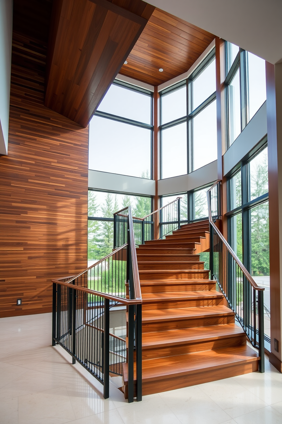 A stunning staircase featuring a wooden feature wall that adds warmth and texture to the space. The staircase showcases sleek lines and a minimalist design, complemented by elegant metal railings. The Mid-Century Modern style is highlighted through the use of rich wood tones and geometric shapes. Large windows allow natural light to flood the area, enhancing the overall aesthetic and creating an inviting atmosphere.