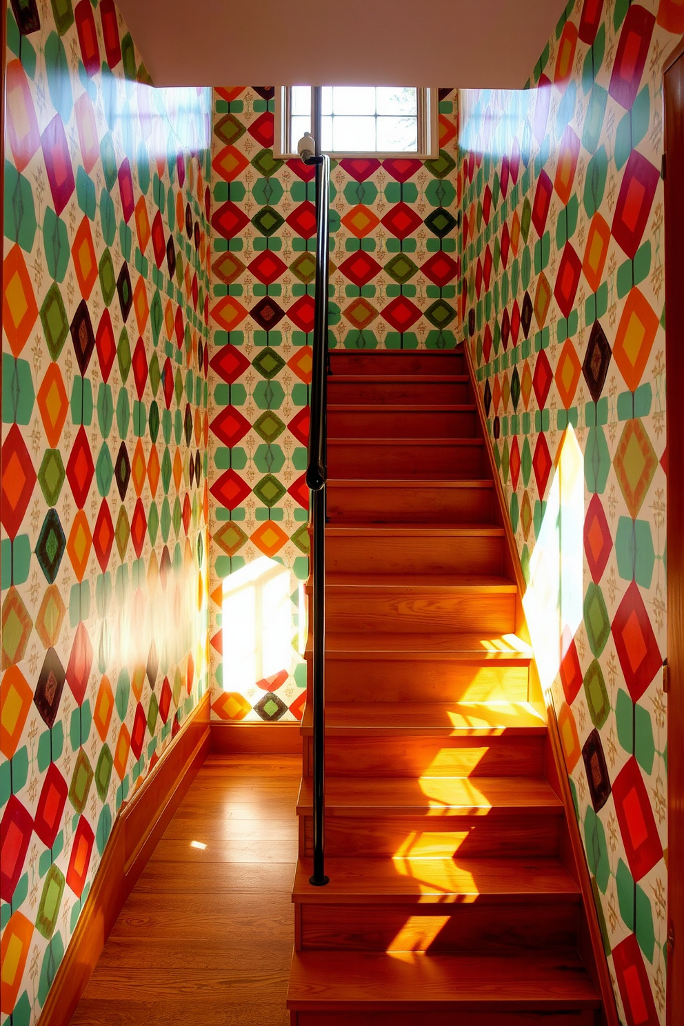 A charming stairway adorned with retro wallpaper featuring bold geometric patterns in vibrant colors. The staircase itself is designed in a Mid-Century Modern style, showcasing sleek wooden treads and a minimalist metal railing. Natural light floods the space from a nearby window, highlighting the playful design of the wallpaper. Each step leads up to a landing that seamlessly blends with the overall aesthetic, creating a warm and inviting atmosphere.