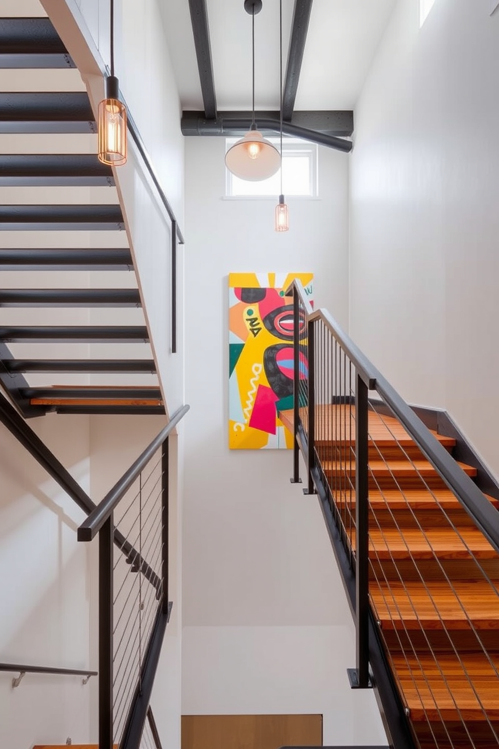 An industrial metal staircase features sleek steel railings and wooden steps that add warmth to the space. The staircase is illuminated by pendant lights hanging from the ceiling, casting a soft glow on the metal and wood elements. Mid-Century Modern staircase design incorporates clean lines and organic shapes with a combination of wood and metal finishes. The staircase is adorned with minimalist handrails and a statement wall showcasing vibrant artwork that complements the overall aesthetic.