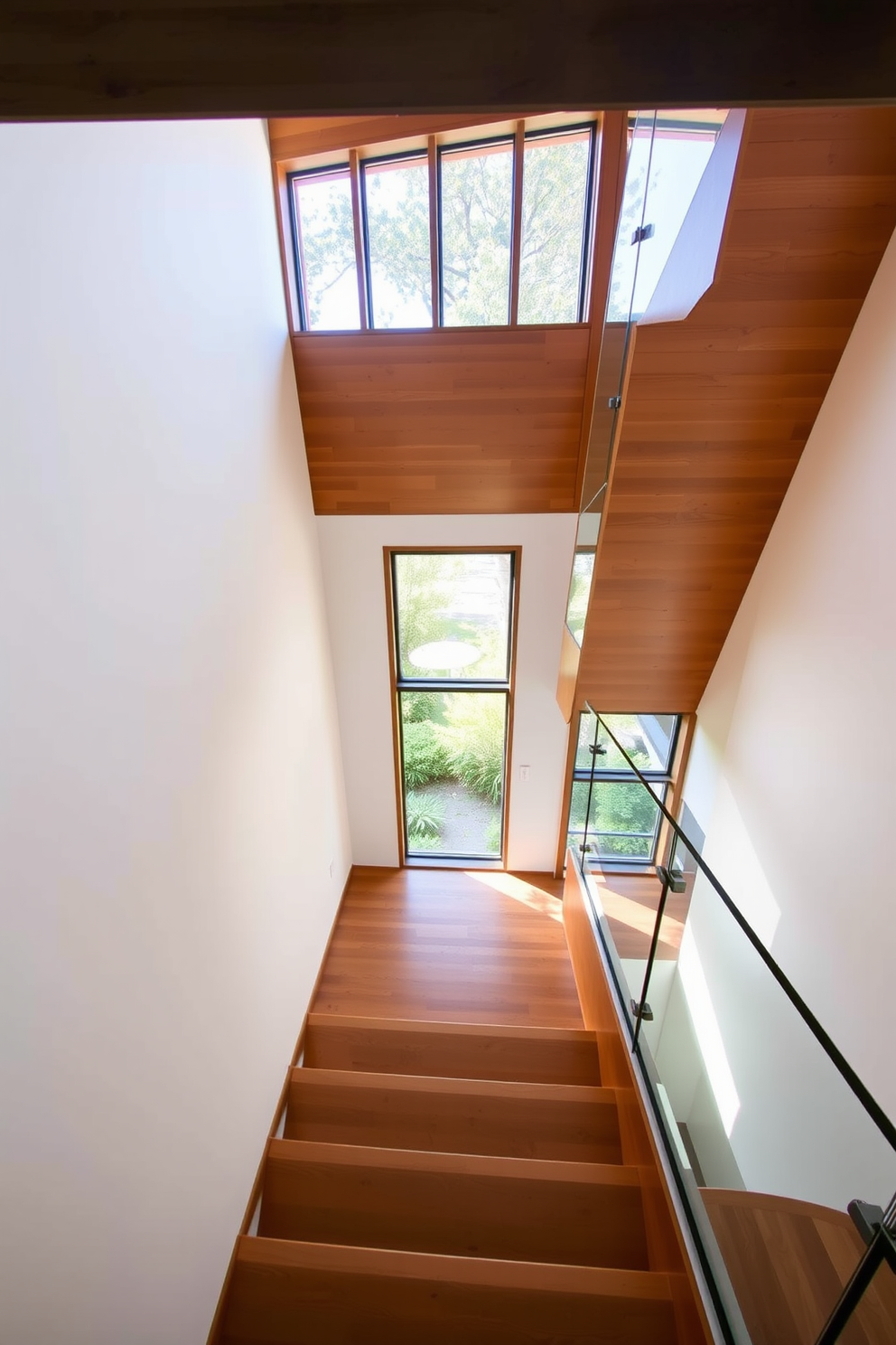 Open staircase with a view of the outdoors. The staircase features sleek wooden steps with a glass railing that allows natural light to flood the space. The design incorporates Mid-Century Modern elements, showcasing clean lines and organic shapes. A large window at the landing frames a picturesque view of the garden outside.