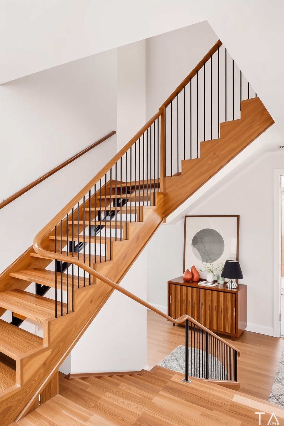 Asymmetrical staircase with unique angles. The staircase features a mix of wood and metal materials, showcasing an open riser design that enhances the airy feel of the space. Mid-Century Modern staircase design ideas. It incorporates bold geometric shapes and a warm wood finish, complemented by a sleek handrail that adds a touch of elegance.