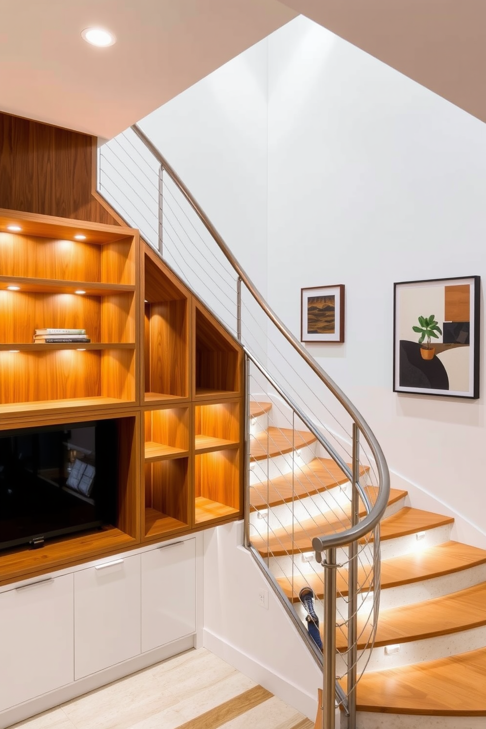 A stunning staircase featuring built-in shelving units elegantly integrates functionality with style. The shelves are crafted from warm wood, beautifully contrasting with the sleek metal railing that curves gracefully alongside the stairs. The staircase is illuminated by soft recessed lighting that highlights the architectural details. The surrounding walls are adorned with minimalist artwork, enhancing the Mid-Century Modern aesthetic while creating an inviting atmosphere.