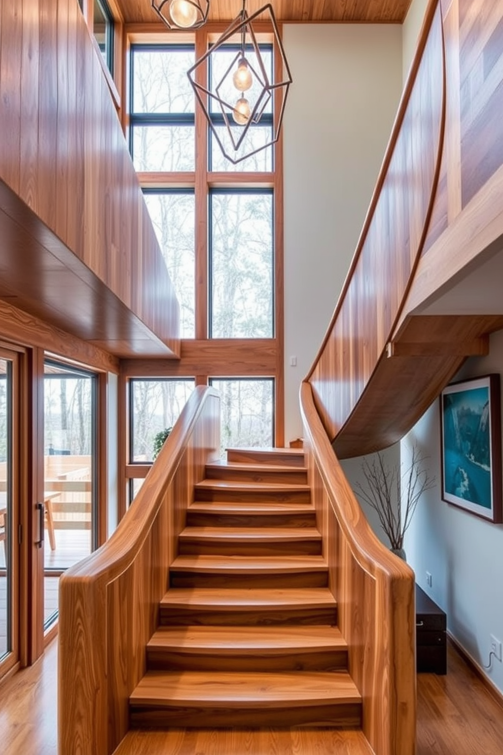 A natural wood staircase features organic shapes that flow gracefully, showcasing the beauty of the wood grain. The design incorporates curved handrails and wide treads, creating an inviting and warm atmosphere. The staircase is surrounded by large windows that allow natural light to illuminate the space. Complementary Mid-Century Modern elements, such as geometric lighting fixtures and minimalist decor, enhance the overall aesthetic.