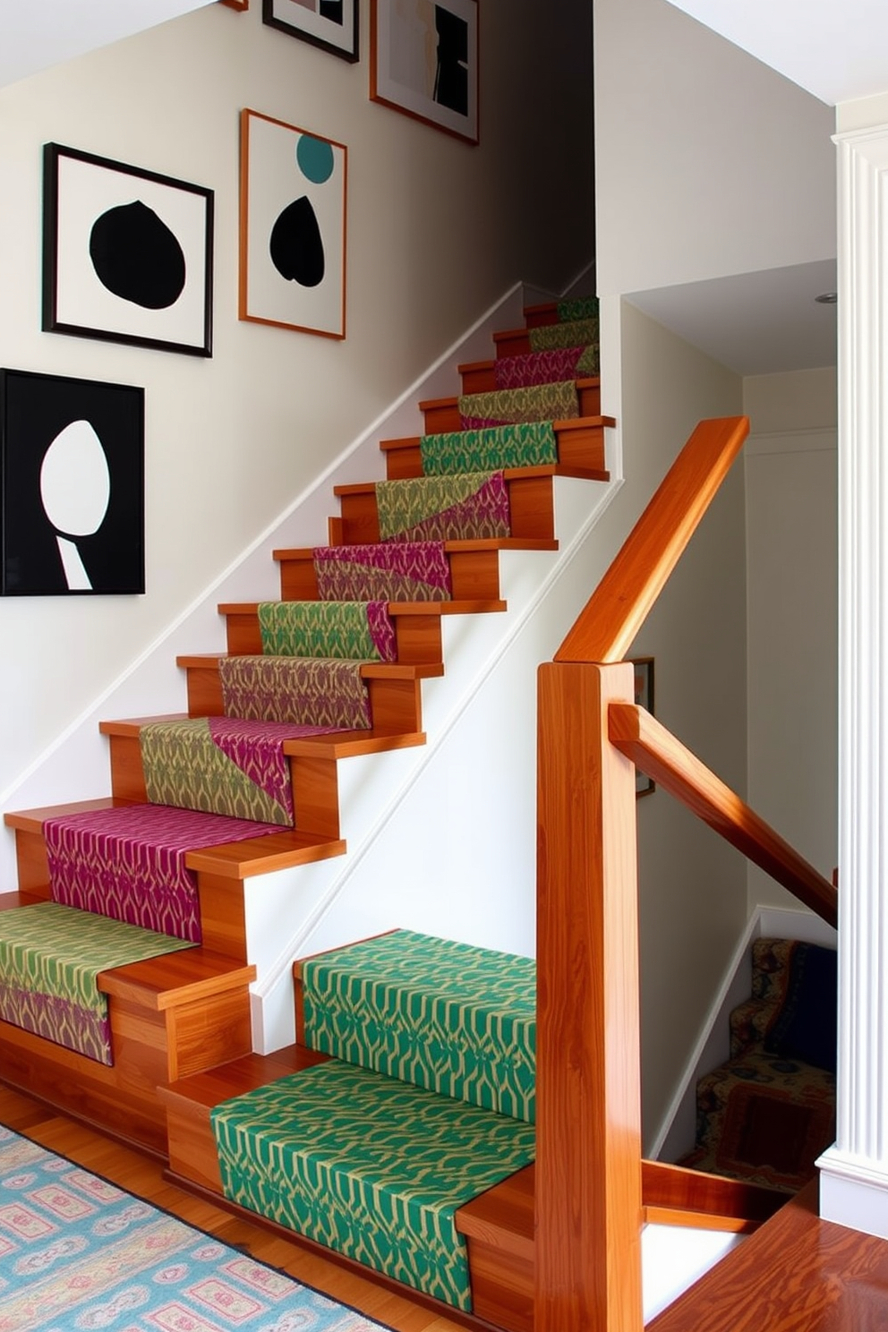 Colorful stair treads create a playful and inviting atmosphere in a Mid-Century Modern home. The staircase features sleek wooden steps complemented by vibrant, patterned treads that add a pop of color and personality. The walls are adorned with minimalist art pieces that reflect the clean lines of Mid-Century Modern design. A stylish handrail in a warm wood finish runs alongside the staircase, enhancing the overall aesthetic while ensuring safety and comfort.