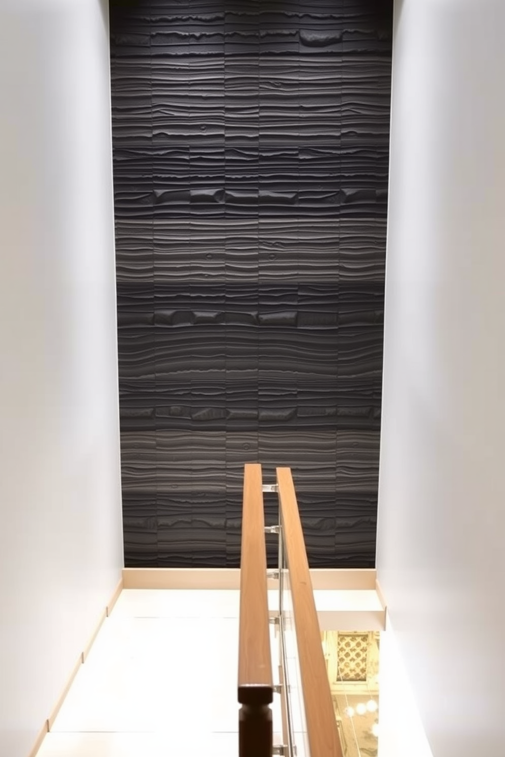 Textured wall panels line the staircase, creating a striking visual contrast against the clean lines of the Mid-Century Modern design. The staircase features sleek wooden treads and a minimalist railing, enhancing the overall aesthetic of the space.