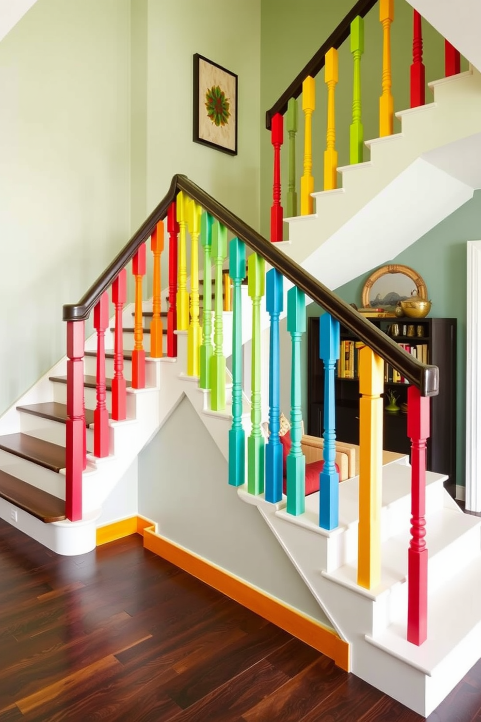 A stunning staircase showcases geometric balusters in vibrant colors that create a striking visual impact. The Mid-Century Modern design features clean lines and a seamless integration of bold hues, enhancing the overall aesthetic of the space.