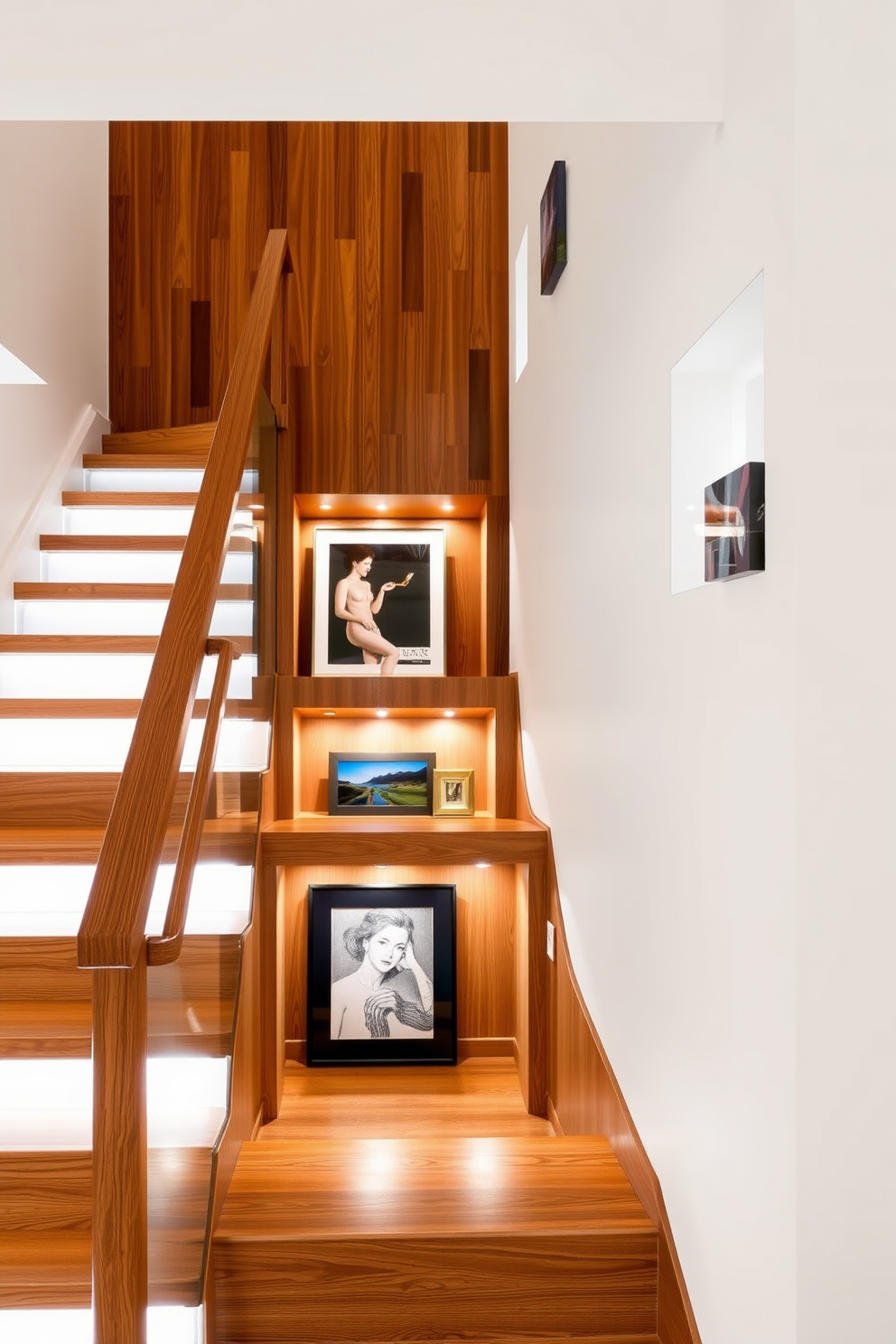 A stunning staircase features art display niches integrated into the design. The niches are illuminated with soft lighting, showcasing a curated collection of contemporary art pieces against a backdrop of warm wood finishes. The staircase itself is crafted from rich oak with a sleek handrail that complements the Mid-Century Modern aesthetic. The surrounding walls are painted in a soft white, enhancing the visual impact of the art and creating a bright, inviting atmosphere.