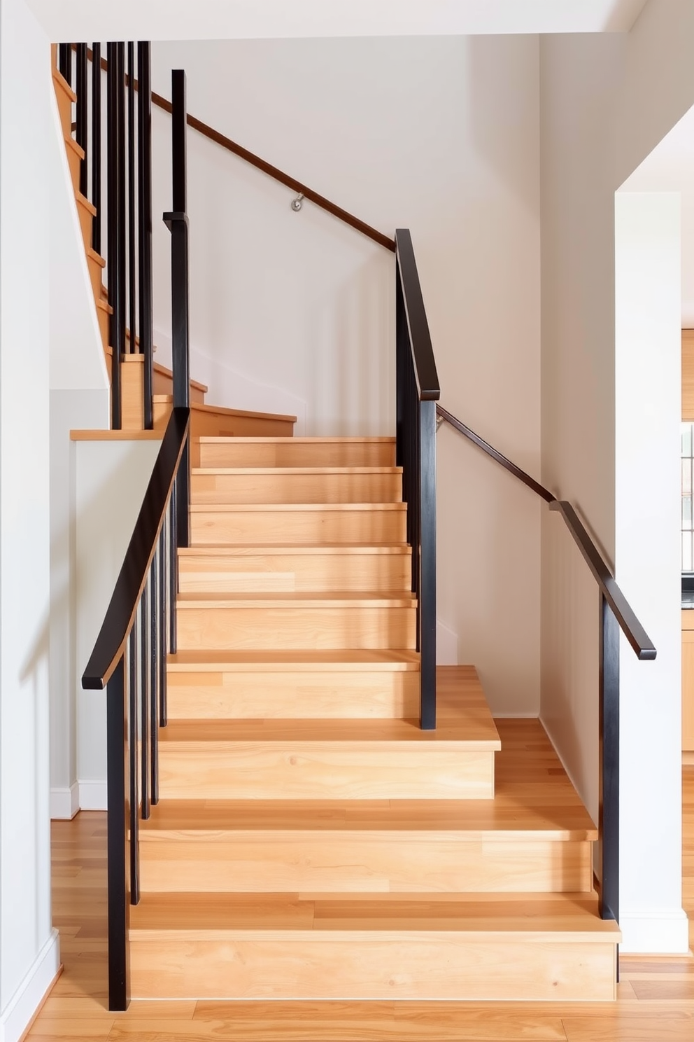 A light wood staircase with dark handrails creates a striking contrast that enhances the elegance of the space. The staircase features sleek lines and a minimalist design, embodying the essence of Mid-Century Modern style.