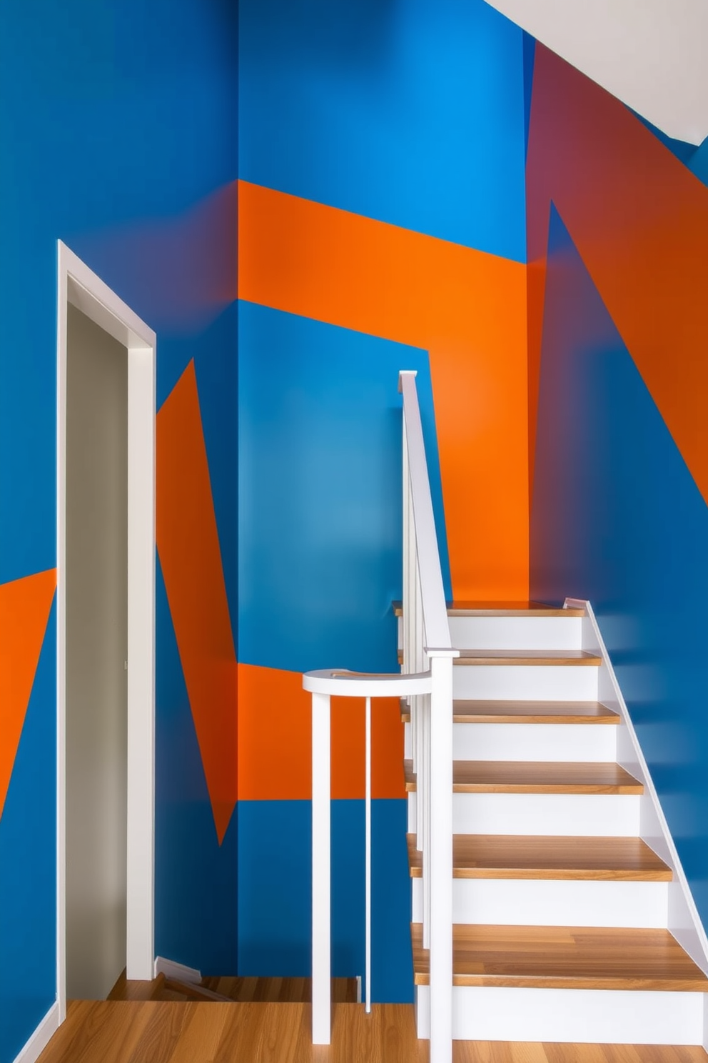 A bold color blocking design on the stairway walls features vibrant shades of blue and orange, creating a striking visual impact. The staircase itself showcases a Mid-Century Modern aesthetic with clean lines, wooden treads, and a minimalist railing that complements the colorful backdrop.