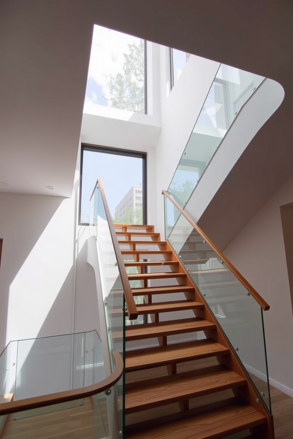 A translucent glass staircase elegantly ascends, allowing natural light to flood the space and create an airy atmosphere. The sleek lines and minimalist design highlight the beauty of the surrounding architecture while providing a stunning focal point. The staircase features a blend of wood and glass, showcasing the warmth of Mid-Century Modern aesthetics. With its clean geometric shapes and organic forms, this design seamlessly integrates into the overall interior, enhancing the sense of openness and sophistication.