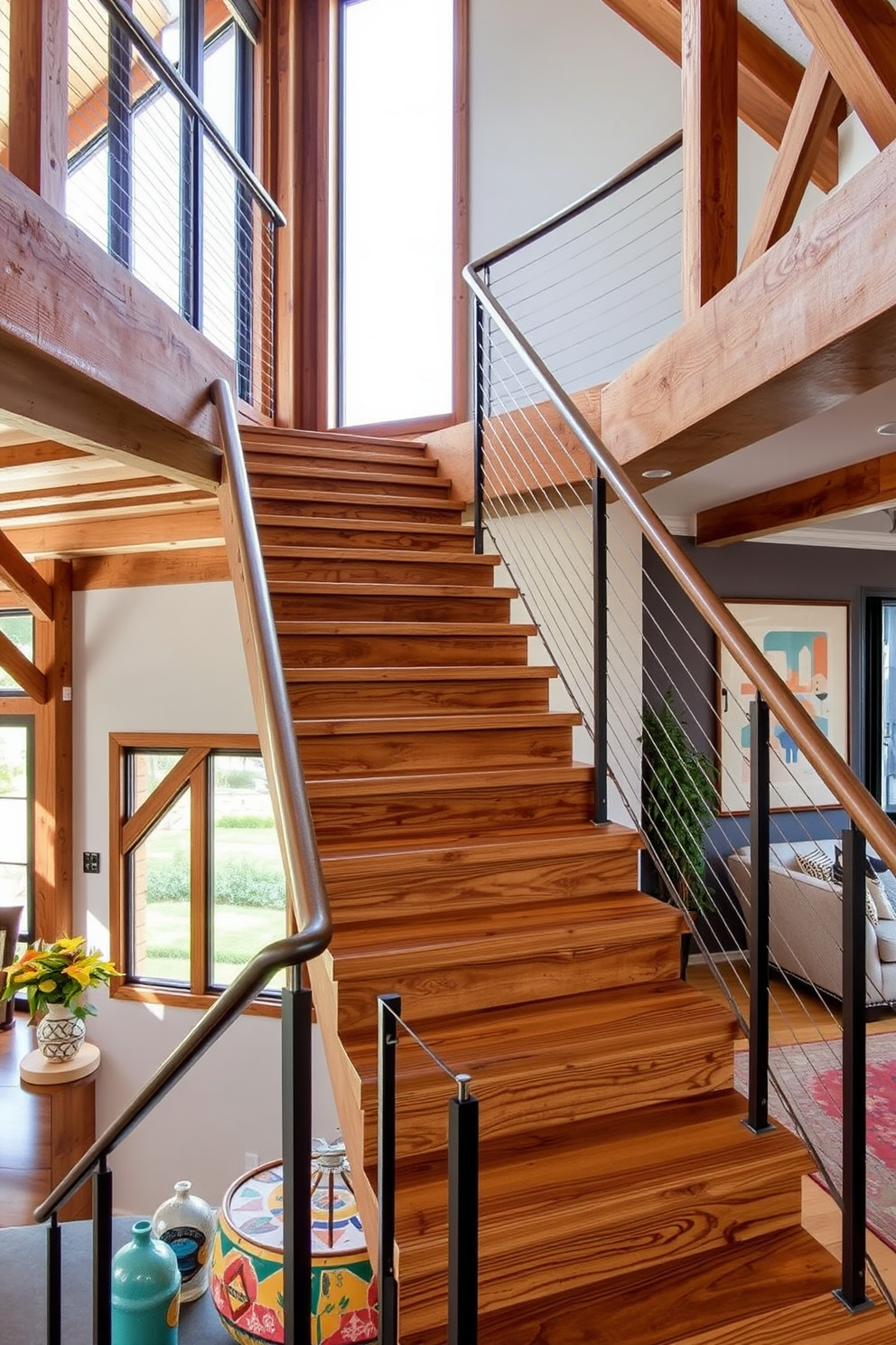 A rustic wood staircase with modern touches features exposed beams and a sleek metal railing that contrasts beautifully with the warm wood tones. Natural light floods the space through large windows, highlighting the unique grain patterns of the staircase. Mid-Century Modern staircase design ideas showcase clean lines and organic shapes, with a combination of wood and metal elements. The use of bold colors and geometric patterns in the surrounding decor enhances the retro aesthetic while maintaining a contemporary feel.