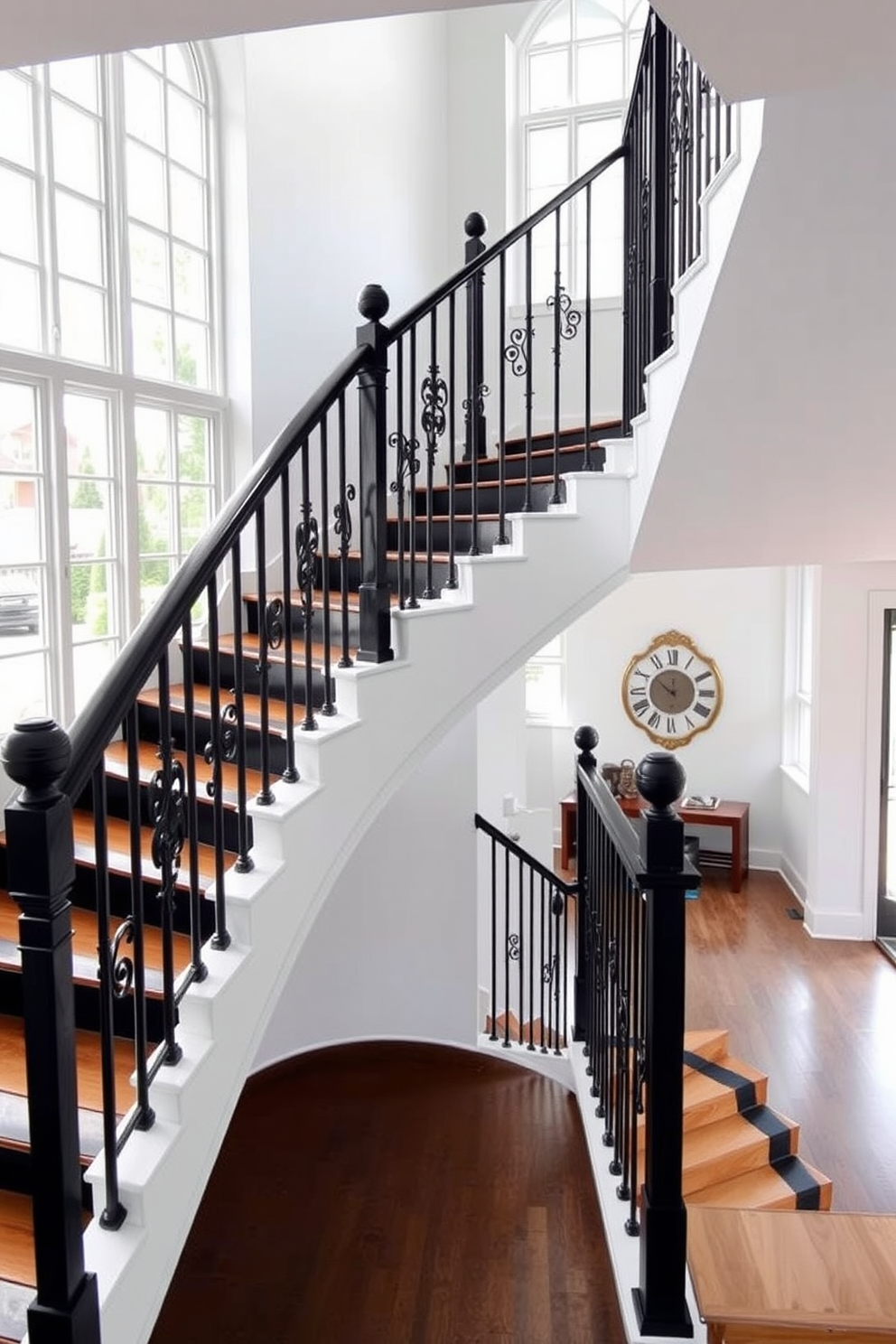 Classic black and white staircase design. The staircase features black wooden treads and white risers, creating a striking contrast. Elegant black wrought iron railings frame the staircase, adding a touch of sophistication. The surrounding walls are painted in a crisp white, enhancing the timeless appeal of the design. Mid-Century Modern staircase design ideas. The staircase showcases open risers with a natural wood finish, complemented by sleek metal railings. Large windows flood the space with light, highlighting the clean lines and organic shapes characteristic of Mid-Century Modern style.