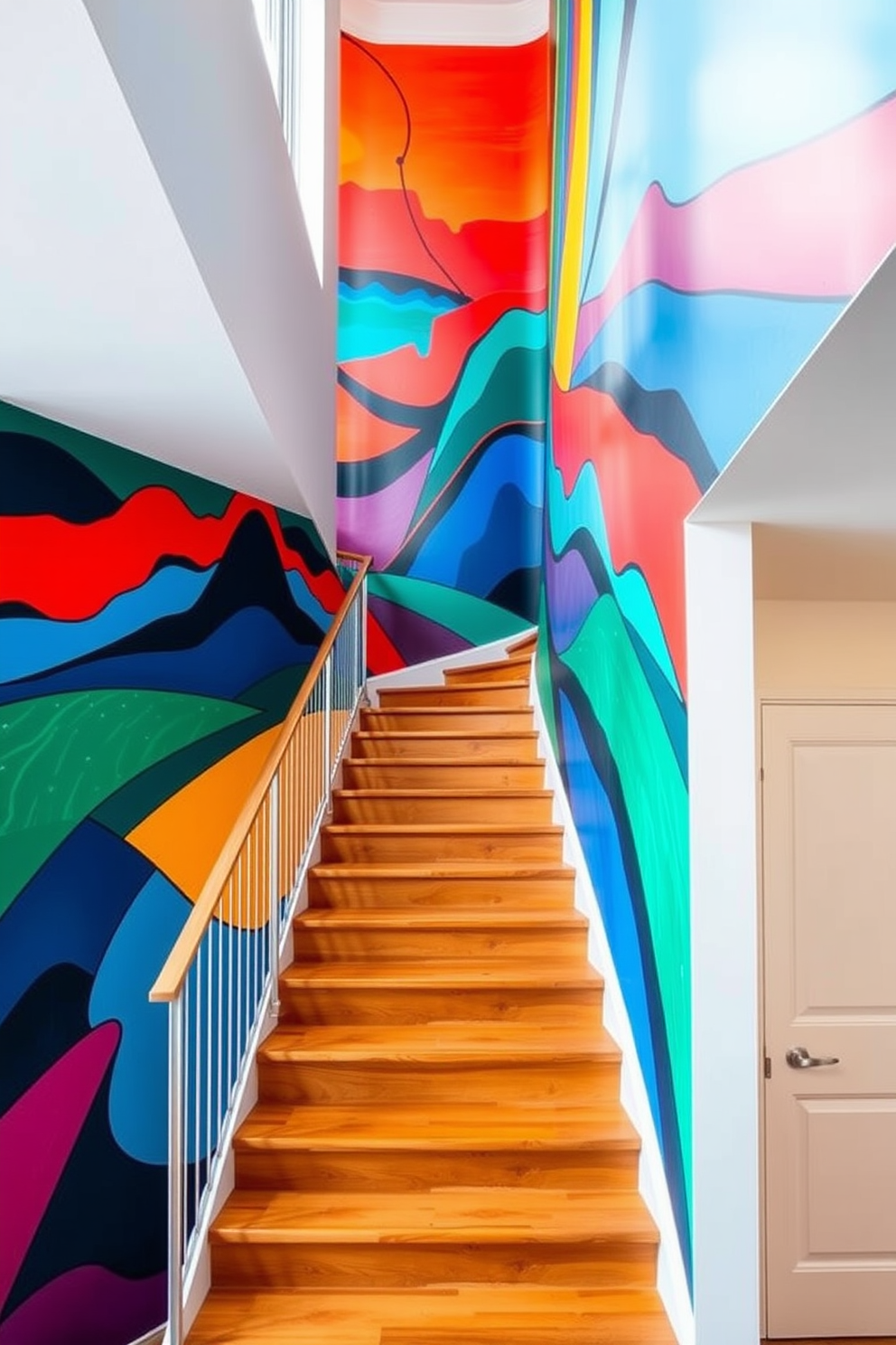 A stunning staircase showcases a vibrant mural that wraps around the walls, adding a burst of color and creativity to the space. The staircase itself features sleek wooden treads and a minimalist metal railing, embodying the essence of Mid-Century Modern design. The mural depicts an abstract landscape in bold hues, drawing the eye upward as one ascends the stairs. The surrounding walls are painted in a soft neutral tone, allowing the artwork to stand out as a focal point in the home.