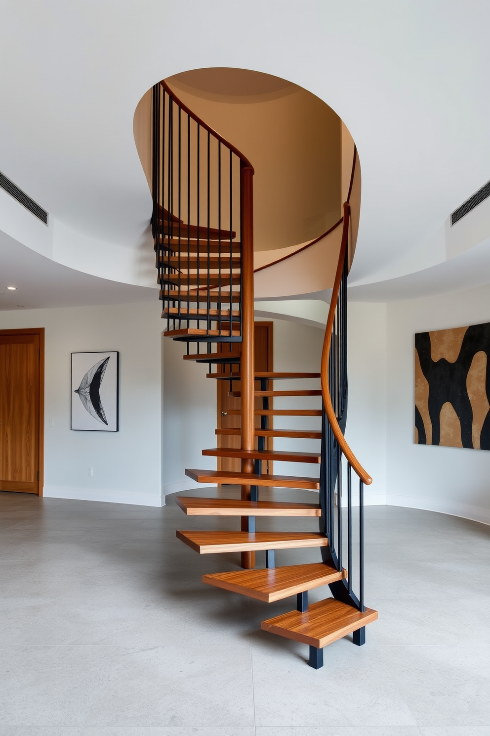 A sculptural staircase serves as the centerpiece of the room. Its flowing lines and organic shapes create a striking visual impact that draws the eye upward. The staircase features a combination of wood and metal materials, blending warmth with industrial elegance. Surrounding the staircase, the walls are adorned with minimalist art pieces that complement the overall aesthetic.