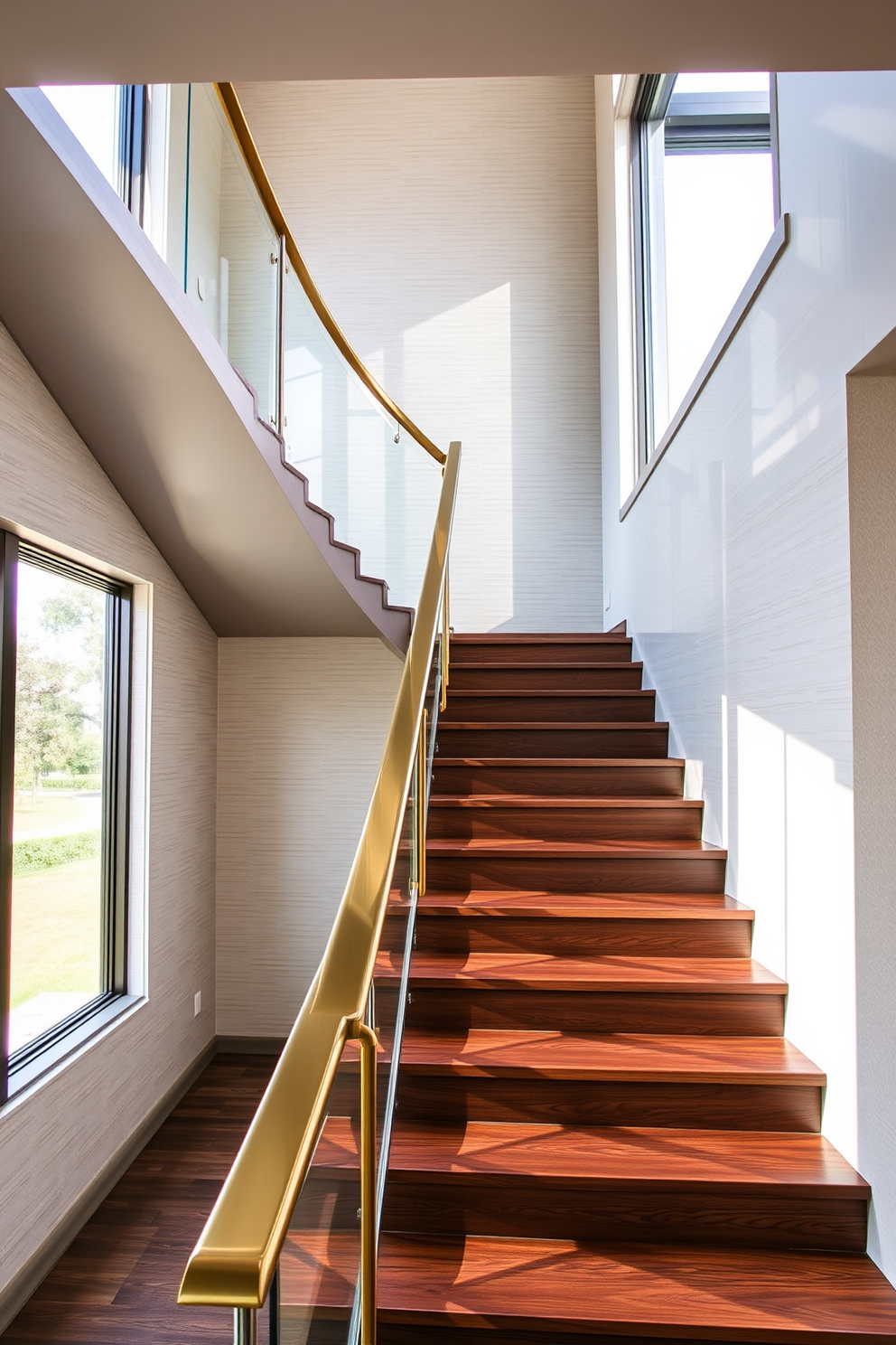 A stunning staircase design featuring a combination of wood and metal elements. The handrail is crafted from polished brass, while the steps are made of rich walnut with a matte finish. The wall beside the staircase is adorned with textured wallpaper in a soft neutral tone. Large windows allow natural light to flood the space, highlighting the unique design of the staircase.