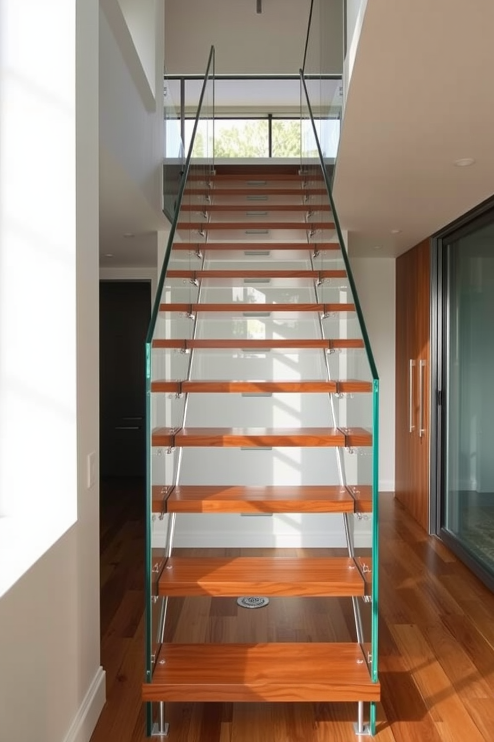 A stunning staircase design featuring floating steps supported by sleek glass panels. The stairs create an open and airy feel, perfectly complementing a Mid-Century Modern aesthetic with clean lines and organic shapes.