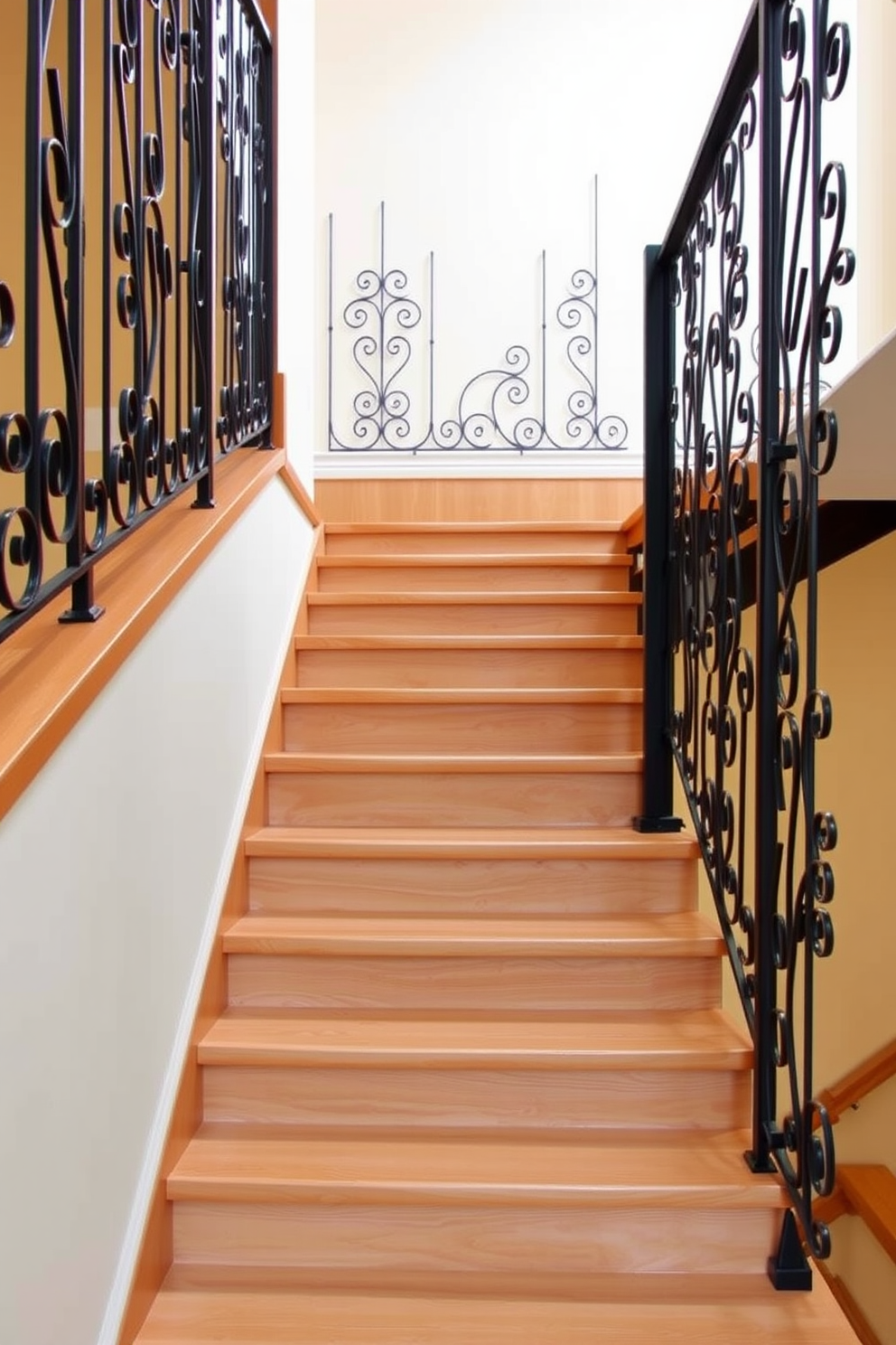 Elegant wrought iron railings complement the warm tones of a Mid-Century Modern staircase. The staircase features sleek wooden steps with a natural finish, creating a harmonious blend of materials.