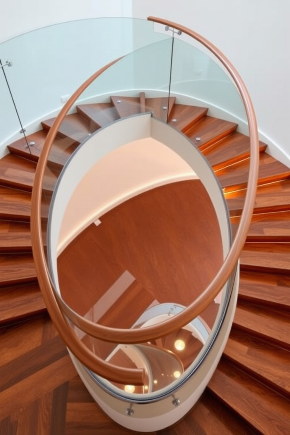 A stunning curved staircase with open risers gracefully ascends to the upper level. The staircase features a sleek wooden handrail and is surrounded by a minimalist glass balustrade that enhances the airy feel of the space. The treads are crafted from rich walnut wood, showcasing the natural grain and warmth of the material. Soft ambient lighting highlights the curves of the staircase, creating an inviting focal point in the room.