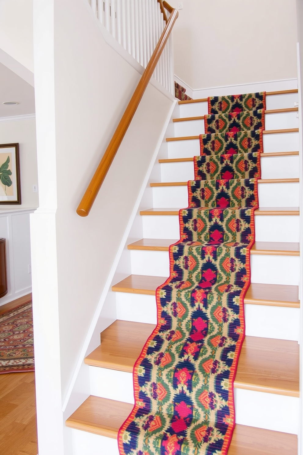 A bold patterned carpet runner adorns the staircase, adding a vibrant touch to the Mid-Century Modern design. The stairs feature sleek wooden treads and a minimalist railing, creating an elegant contrast with the eye-catching runner.