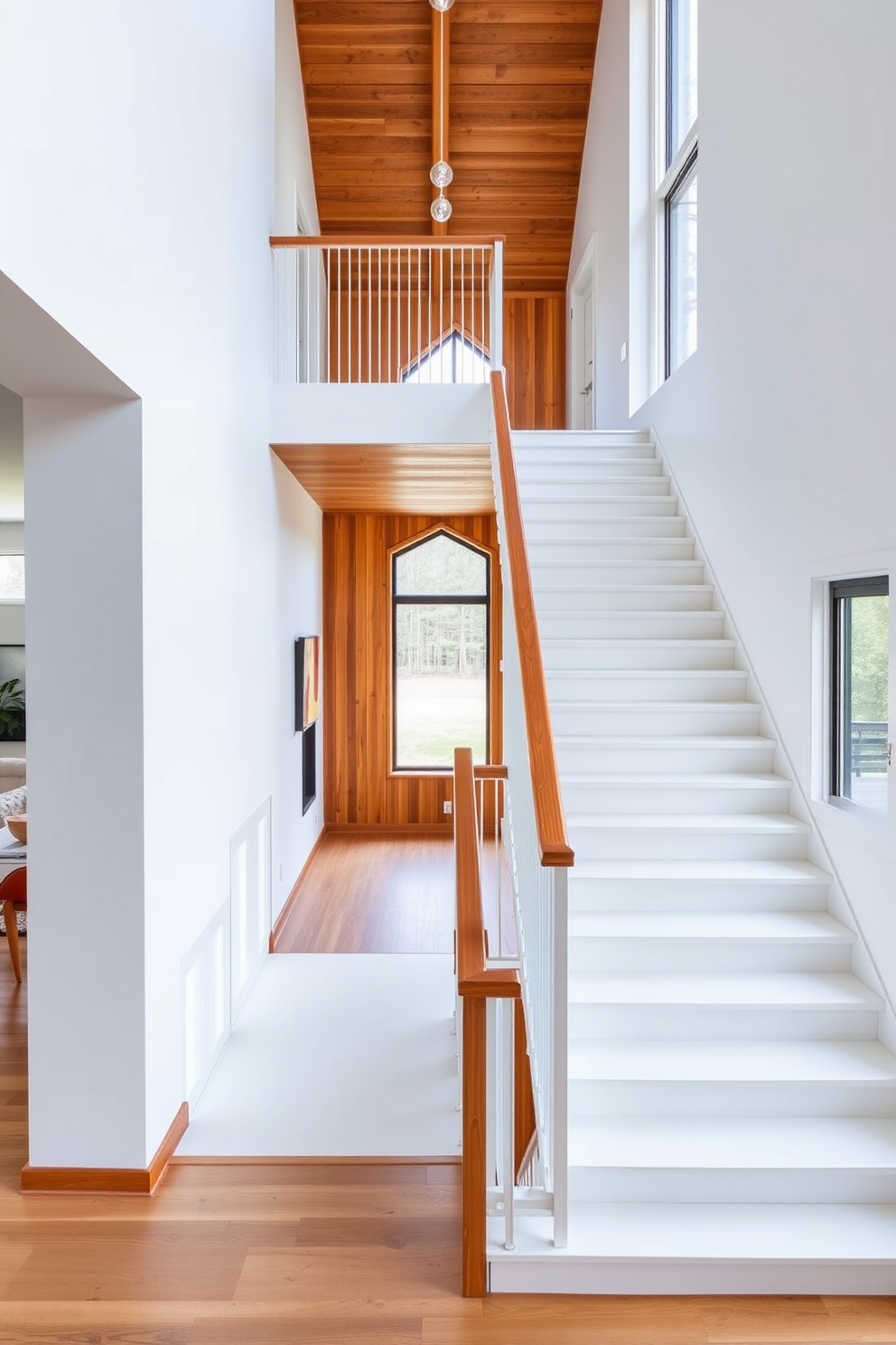 A minimalist white staircase with wood accents features sleek white steps that create a clean and airy feel. The handrail is crafted from warm wood, adding a touch of natural elegance to the modern design. The Mid-Century Modern staircase showcases bold geometric lines and a combination of rich wood tones and vibrant colors. Large windows allow natural light to flood the space, highlighting the unique design elements and creating a welcoming atmosphere.