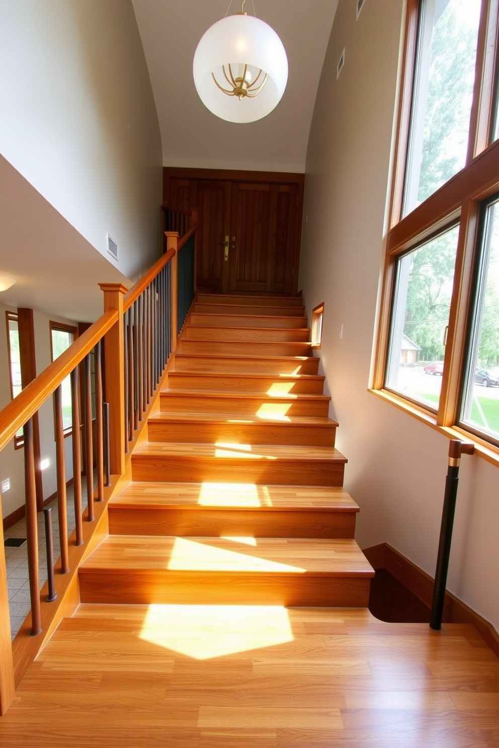 Stained wood steps lead gracefully up the staircase, showcasing a rich, warm hue that invites a sense of elegance. The contrasting balusters, with their sleek lines and minimalist design, add a contemporary touch to the overall aesthetic. Large windows flank the staircase, allowing natural light to flood the space and highlight the beauty of the wood grain. A statement light fixture hangs above, casting a soft glow that enhances the Mid-Century Modern style throughout the area.