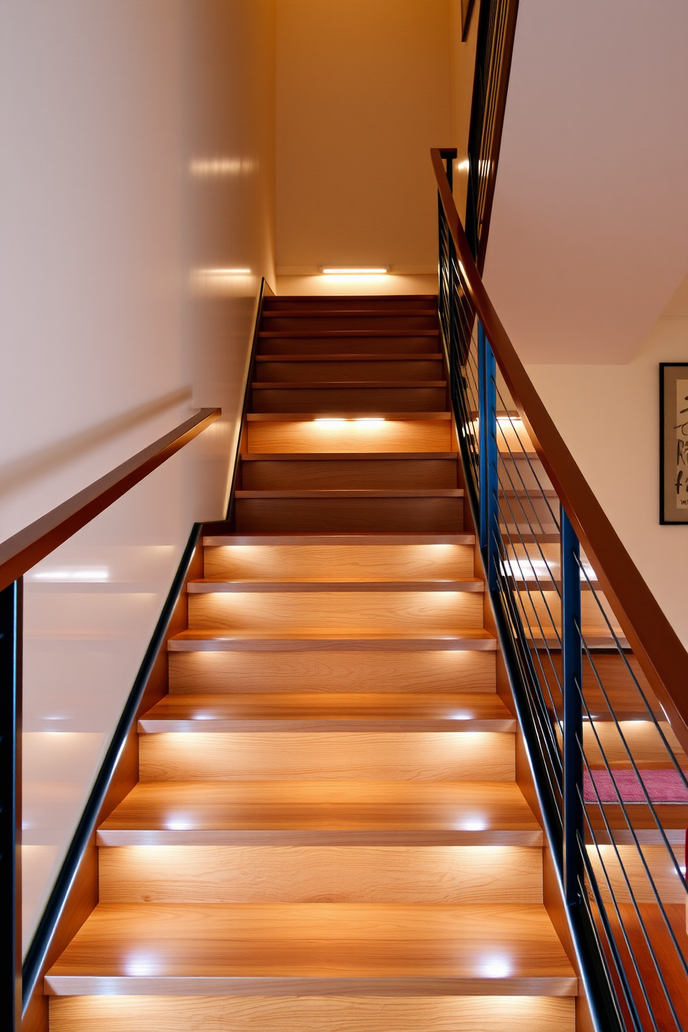 A Mid-Century Modern staircase features integrated lighting in the risers, creating a warm and inviting ambiance. The wooden steps showcase rich tones, complemented by sleek metal railings that enhance the modern aesthetic.