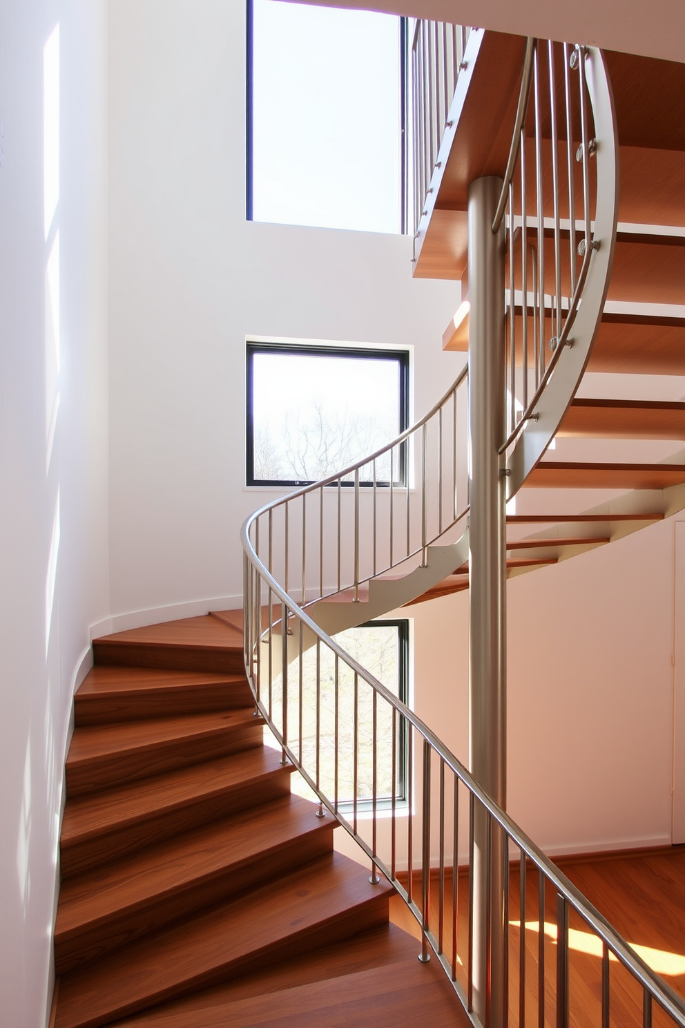 A mid-century inspired spiral staircase features sleek wooden steps that elegantly curve upwards. The railing is made of polished metal, complementing the warm tones of the wood and enhancing the overall aesthetic. Natural light floods the space through a large window nearby, casting interesting shadows on the staircase. The surrounding walls are painted in a soft white, allowing the staircase to be the focal point of the room.