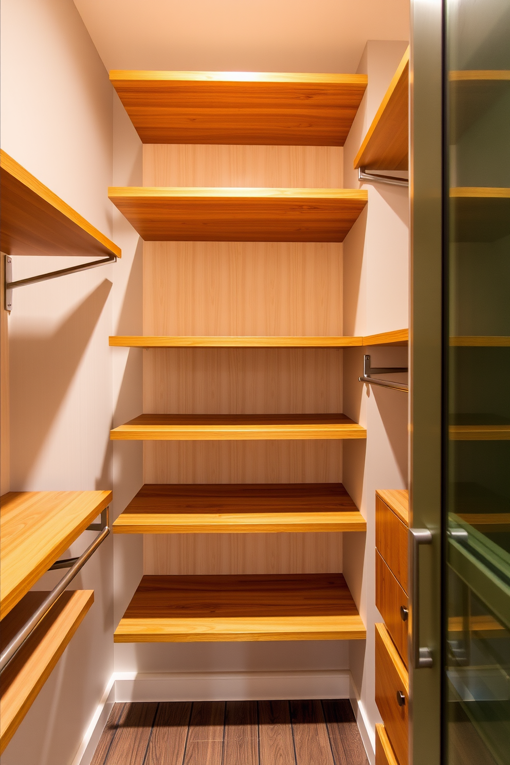 A Mid-Century-Modern walk-in closet features open shelving that provides easy access to storage. The shelves are crafted from warm wood, complemented by sleek metal brackets and minimalist design elements.