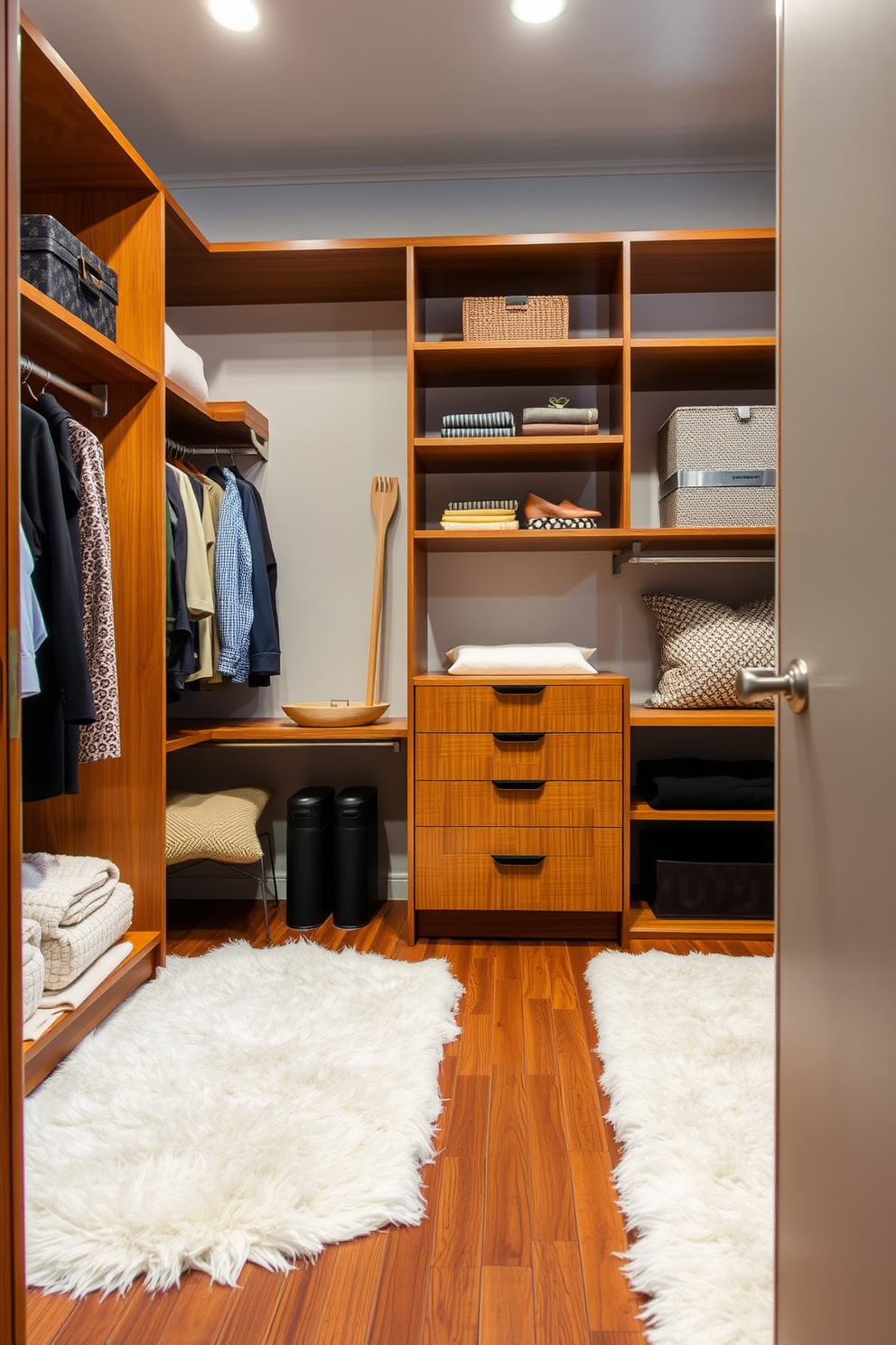 A stylish walk-in closet featuring soft area rugs that provide comfort underfoot. The design incorporates Mid-Century-Modern elements with sleek lines, wooden shelving, and a functional layout for optimal organization.