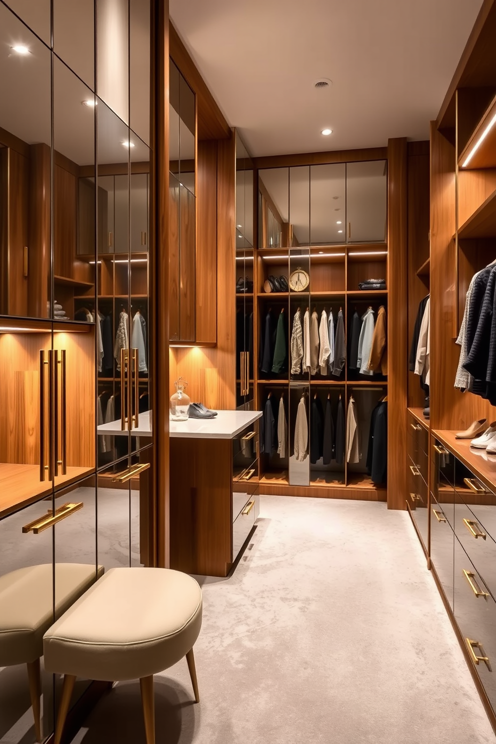 A stylish walk-in closet featuring mirrored cabinets that enhance the sleek finish of the space. The design incorporates warm wood tones with gold accents, creating a harmonious blend of Mid-Century Modern aesthetics. The layout includes ample shelving and hanging space for clothing, with a central island for accessories. Soft lighting illuminates the room, highlighting the elegant finishes and creating an inviting atmosphere.