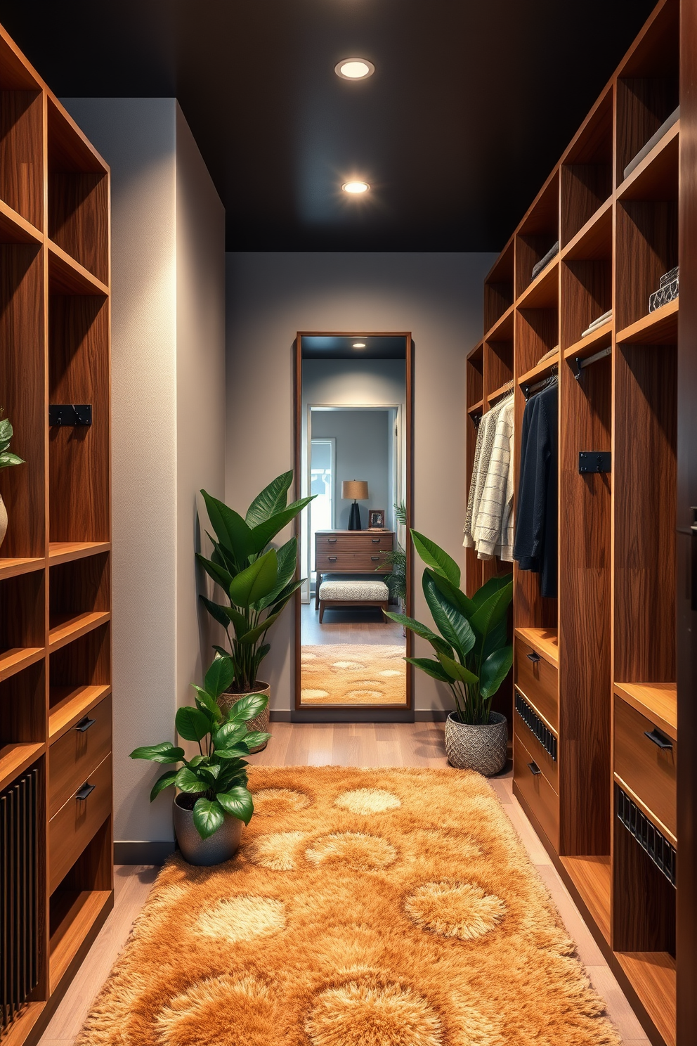 A stylish walk-in closet featuring a Mid-Century Modern design. The space is adorned with sleek wooden shelving and hanging rods, complemented by a plush area rug in warm tones. Lush green plants are strategically placed throughout the closet, adding a refreshing touch of greenery. A large mirror with a minimalist frame reflects the elegant layout, enhancing the overall aesthetic.