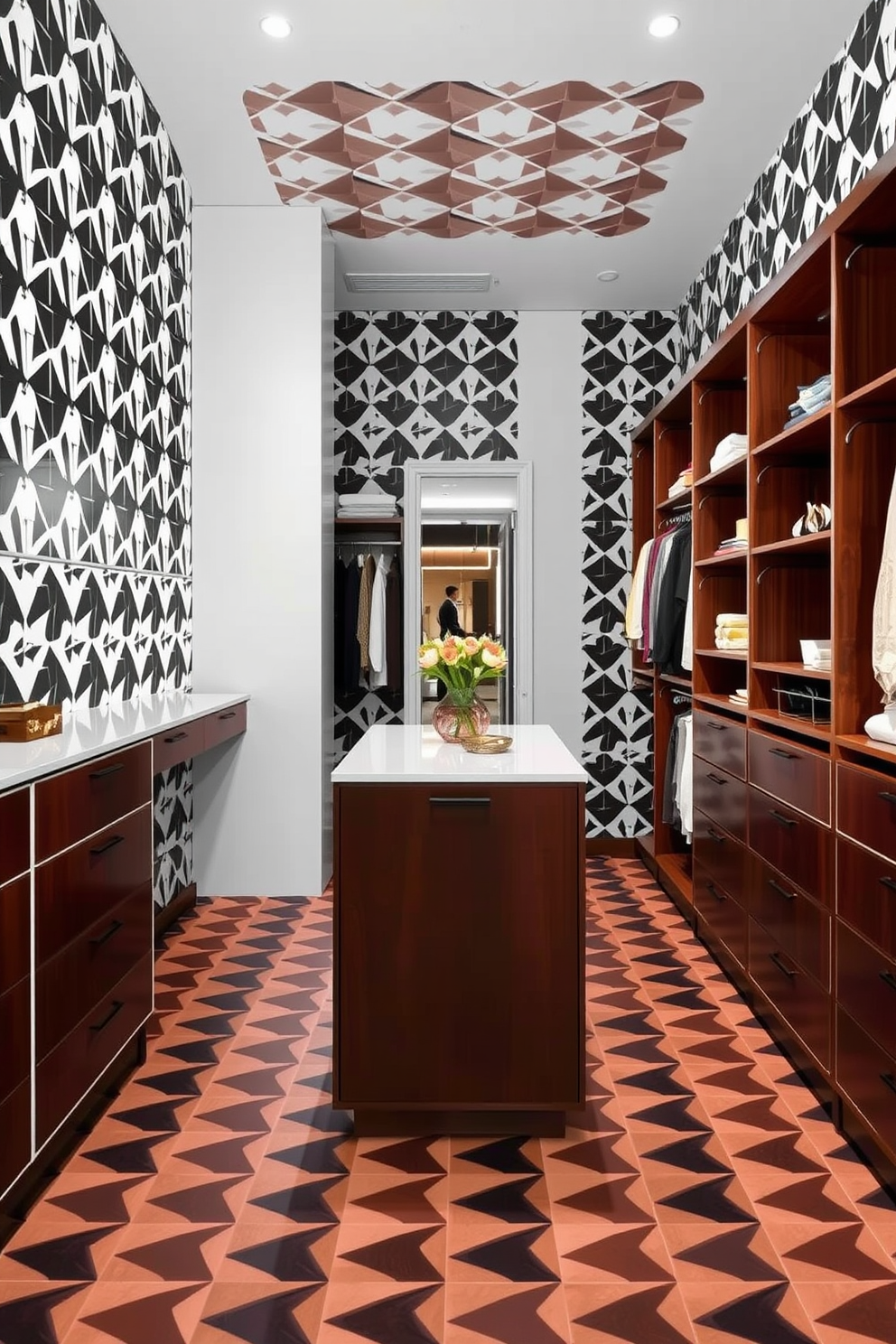 A spacious walk-in closet featuring bold geometric patterns on the walls and flooring creates a striking visual impact. The design incorporates sleek Mid-Century-Modern furniture with open shelving and a central island for accessories.