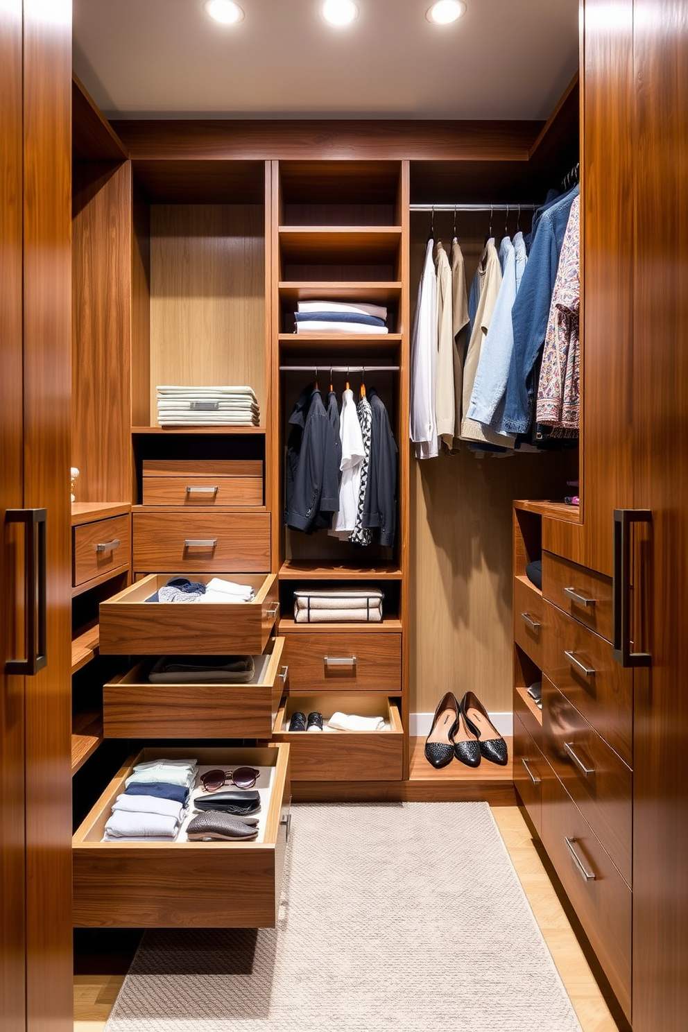 A stylish mid-century modern walk-in closet featuring pull-out drawers for easy access to accessories and clothing. The space is illuminated by warm lighting, highlighting the rich wood finishes and sleek lines of the cabinetry.