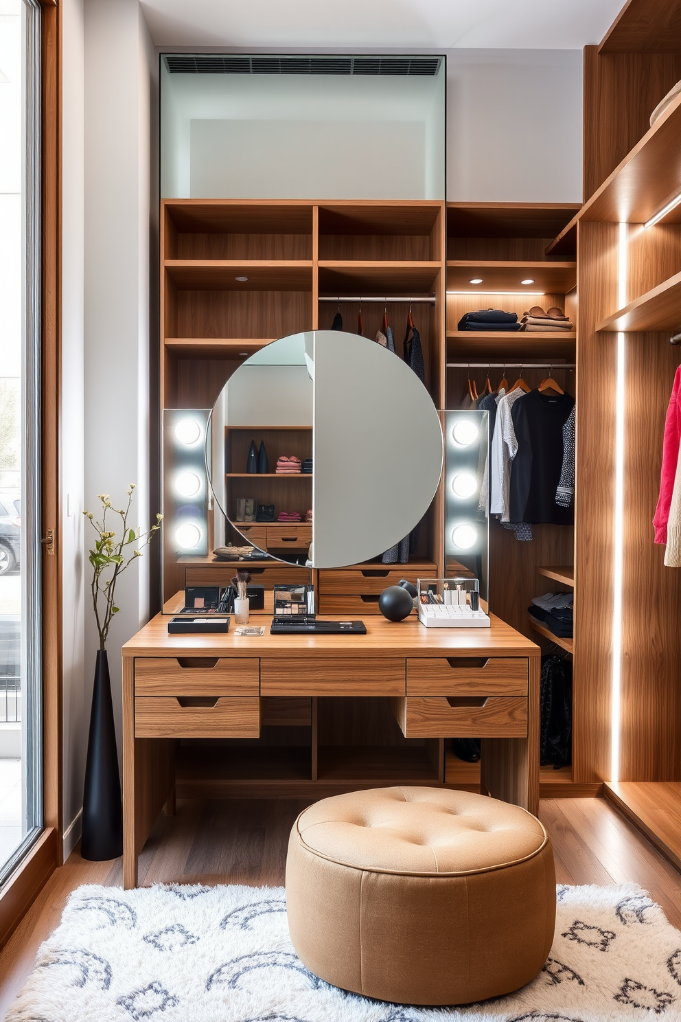 Dedicated vanity space for makeup application featuring a sleek wooden table with ample storage drawers. A large round mirror illuminated by soft LED lights is centered above the table, creating an inviting atmosphere. Mid-Century-Modern walk-in closet design ideas showcasing open shelving and hanging racks made of warm wood tones. A plush area rug adds comfort underfoot, while a stylish ottoman provides a convenient seating option.