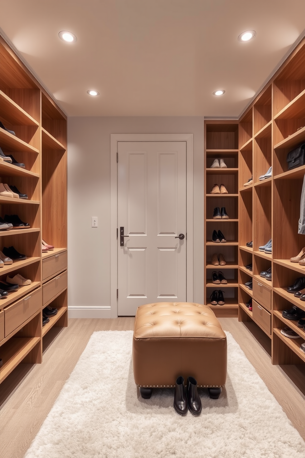 A serene walk-in closet featuring a neutral color palette that promotes a calming effect. The space includes sleek wooden shelving units and a plush area rug, creating an inviting atmosphere. The closet is illuminated by soft recessed lighting, highlighting the organized display of shoes and accessories. A comfortable ottoman sits in the center, offering a perfect spot for putting on shoes or relaxing.