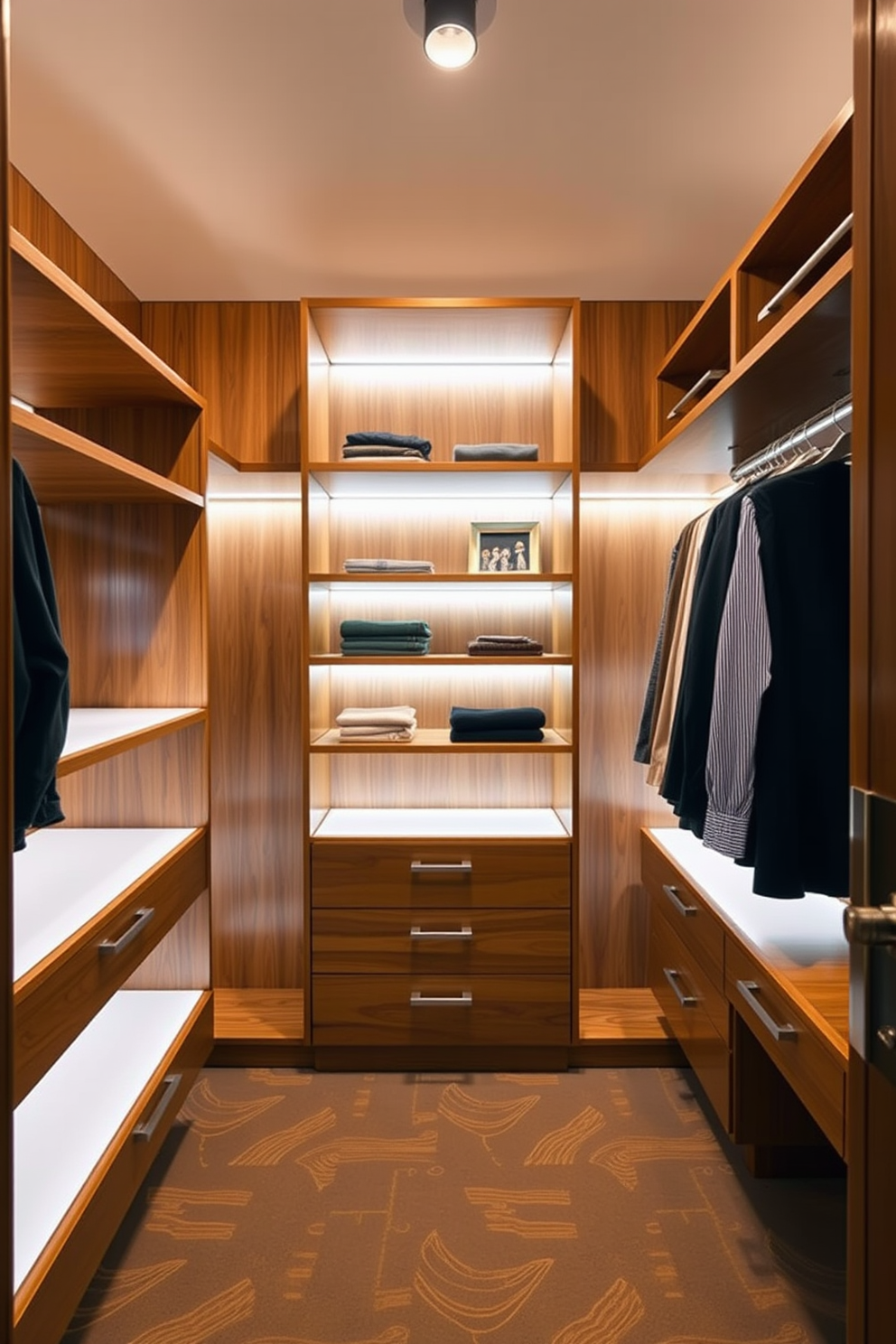 A spacious walk-in closet featuring integrated lighting within the shelving to enhance visibility. The design incorporates clean lines and a mix of warm wood tones with sleek metal accents, creating a stylish Mid-Century-Modern aesthetic.