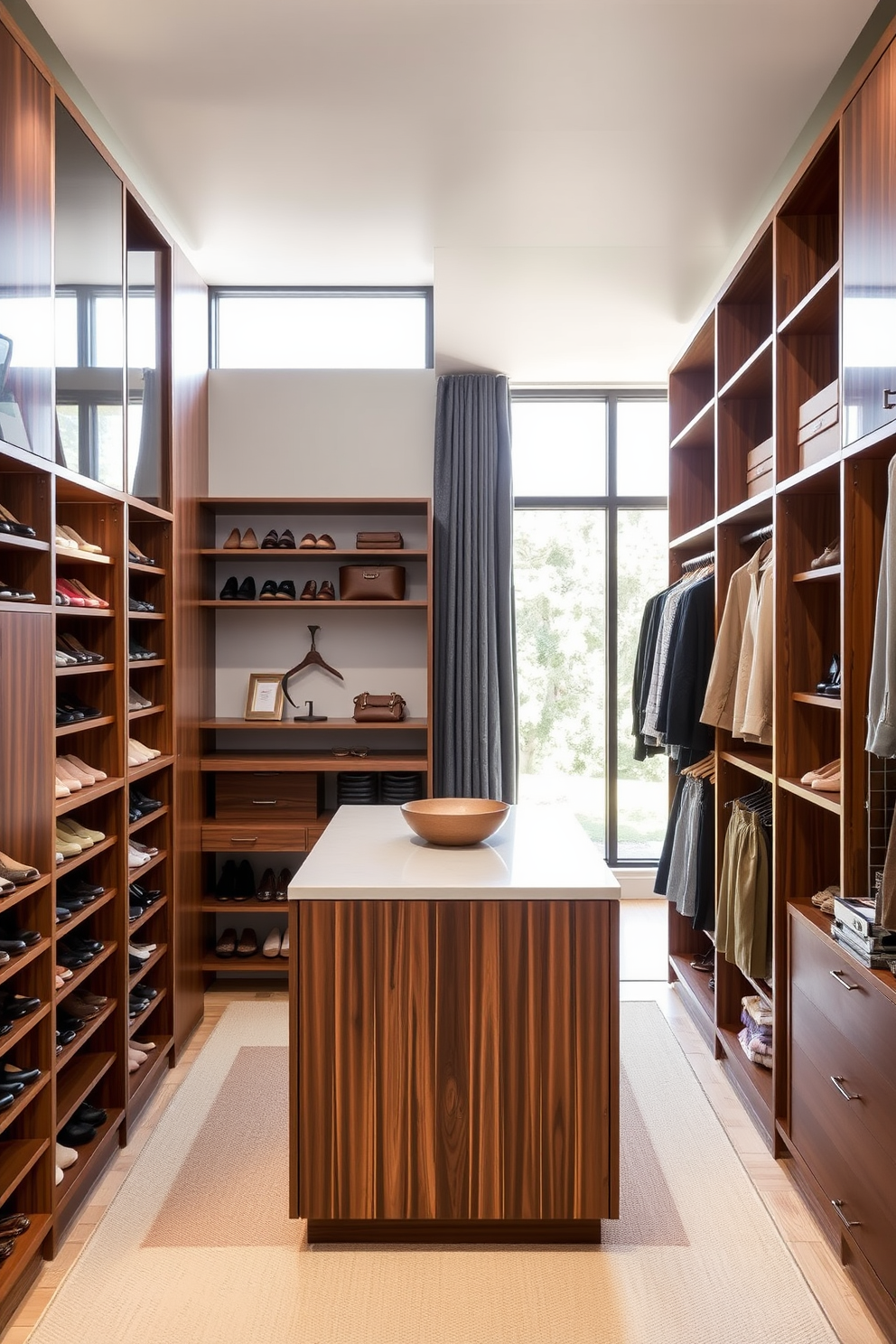 A custom shoe cabinet designed for maximum storage features sleek lines and a minimalist aesthetic. The cabinet is made of high-quality wood with a rich walnut finish, showcasing ample shelving and pull-out drawers for easy access to shoes. The Mid-Century-Modern walk-in closet is spacious and airy, with natural light flooding in through large windows. It includes open shelving, hanging rods, and a stylish island in the center for accessories, all accented by warm wood tones and retro hardware.