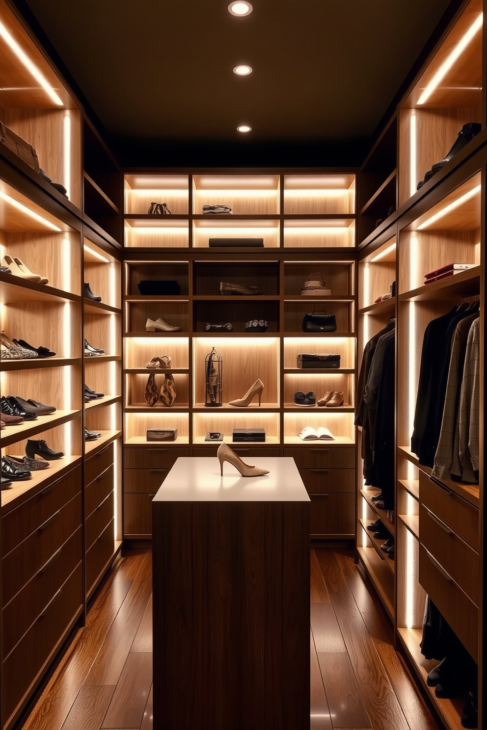 A stylish walk-in closet features lighted display cases that elegantly showcase a curated selection of accessories and shoes. The design incorporates smooth wooden shelves and a sleek island in the center, creating a functional yet visually appealing space. The closet is adorned with soft, ambient lighting that highlights the items on display while providing a warm atmosphere. Mid-Century-Modern elements such as clean lines and organic shapes enhance the overall aesthetic, making the closet both practical and inviting.