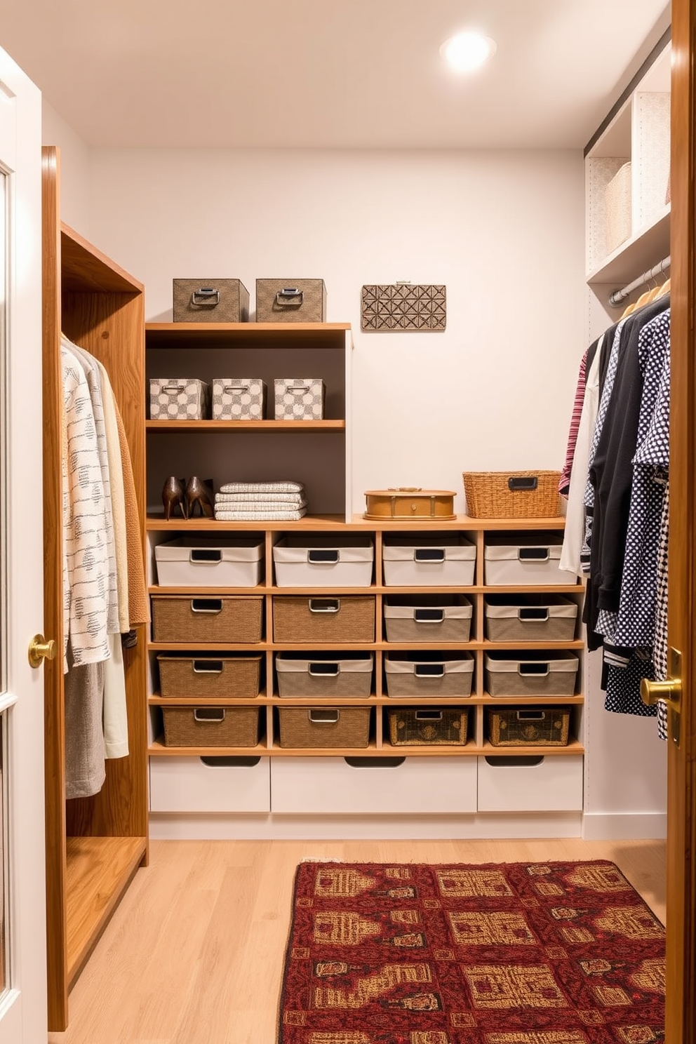 Seasonal storage solutions for versatility. Imagine a walk-in closet designed with sleek shelving units and modular storage bins that can be easily reconfigured for different seasons. Mid-Century-Modern walk-in-closet design ideas. Envision a spacious closet featuring warm wood tones, geometric patterns, and a combination of open shelving and closed cabinetry for a stylish yet functional space.