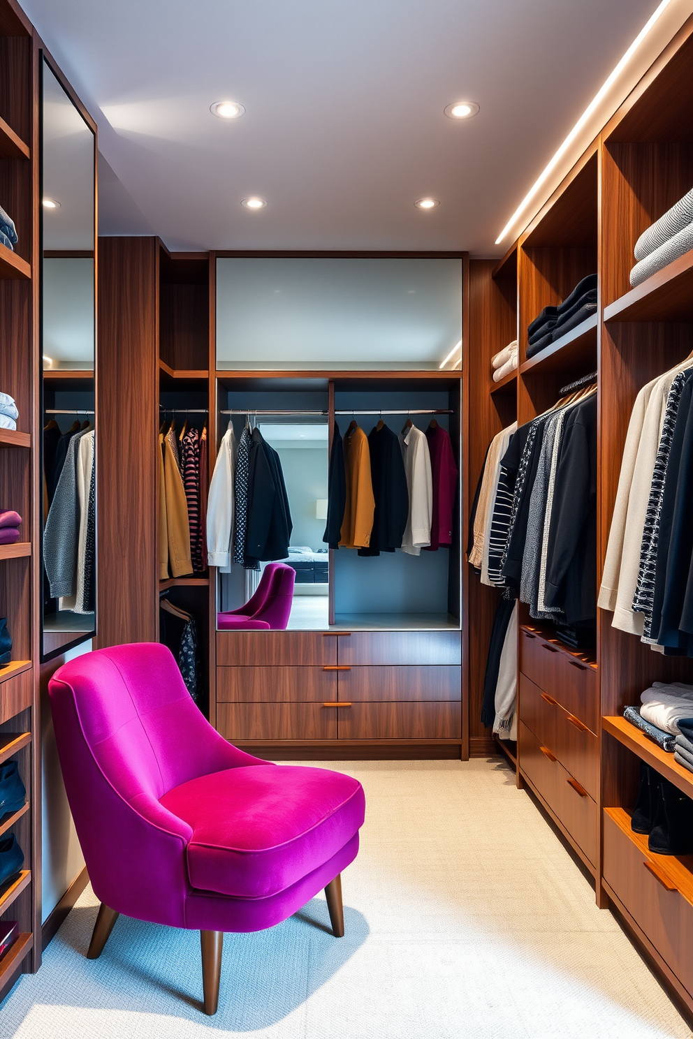 A stylish walk-in closet features a spacious layout with organized shelving and hanging areas for clothing. A comfortable lounge chair in a vibrant color is placed in one corner, inviting relaxation amidst the curated collection of fashion. The walls are adorned with soft lighting that highlights the rich textures of the wood and the sleek finishes of the shelving. A large mirror reflects the space, creating an illusion of openness while adding a touch of elegance to the Mid-Century-Modern design.